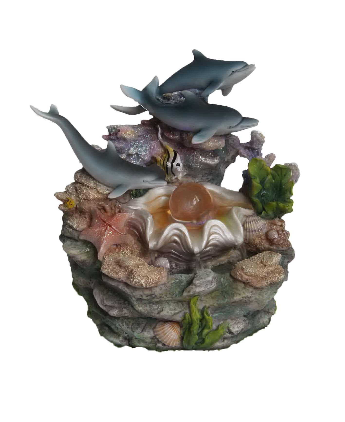 SINTECHNO SNF12031-2 Aristic Sculptural Dolphins and Crystal on Shell Tabletop Water Fountain