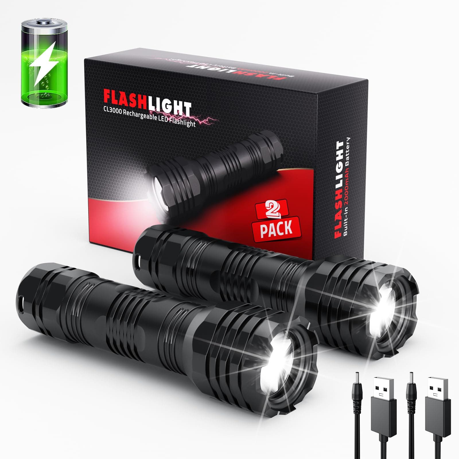 Mesqool 2 Pack Rechargeable Flashlights 400 Lumens, IP68 Waterproof, Bright Mini Flash Light, Led Flashlight with 5 Lighting Modes for Camping, Hiking, Emergency Lights for Home (Built-in Battery)