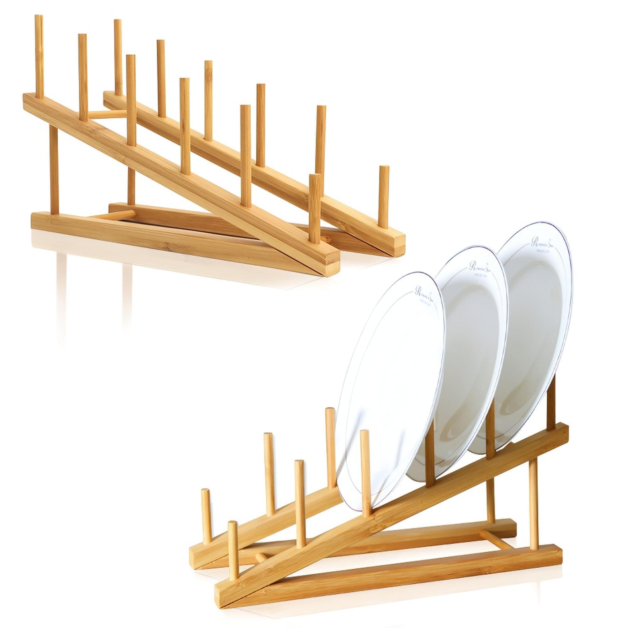 2 PCS Wooden Dish Rack Bamboo Drying Rack Stand Pot Lid Holder Kitchen Cabinet Organizer for Dish Plate Bowl Cup Pot Lid Cutting Board