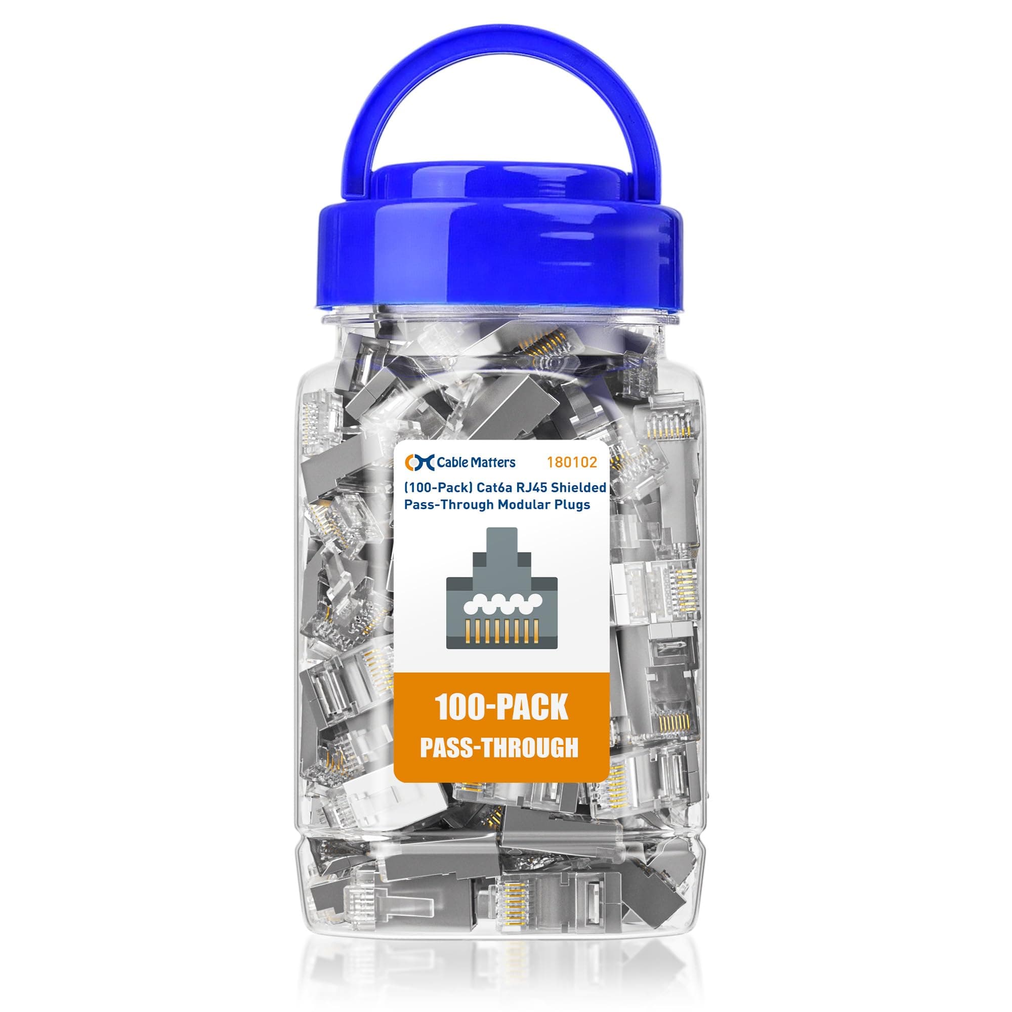 Cable Matters 100-Pack Cat 6A Shielded RJ45 Connector Pass Through (Cat 6A Ends / Cat6A Connector / RJ45 Modular Plugs/Ethernet Plugs/Network Coupler) for Solid or Stranded S/FTP Ethernet Cable