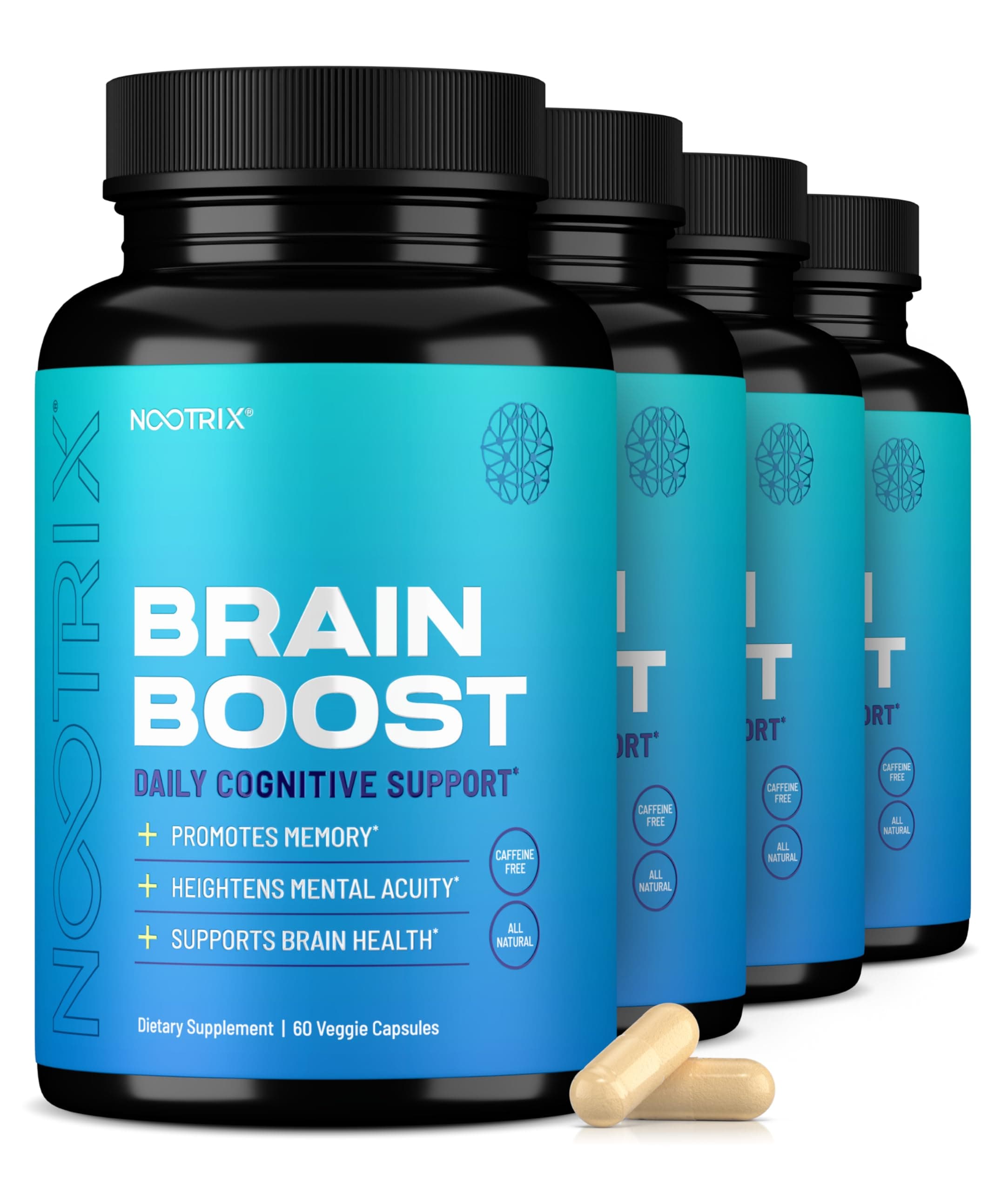 Brain Boost Nootropic Supplement | Supports Memory, Mental Focus, Cognitive Health & Energy | Caffeine-Free, Promotes Healthy Mood & Brain Function w/Gingko Biloba & DMAE | 240 Capsules