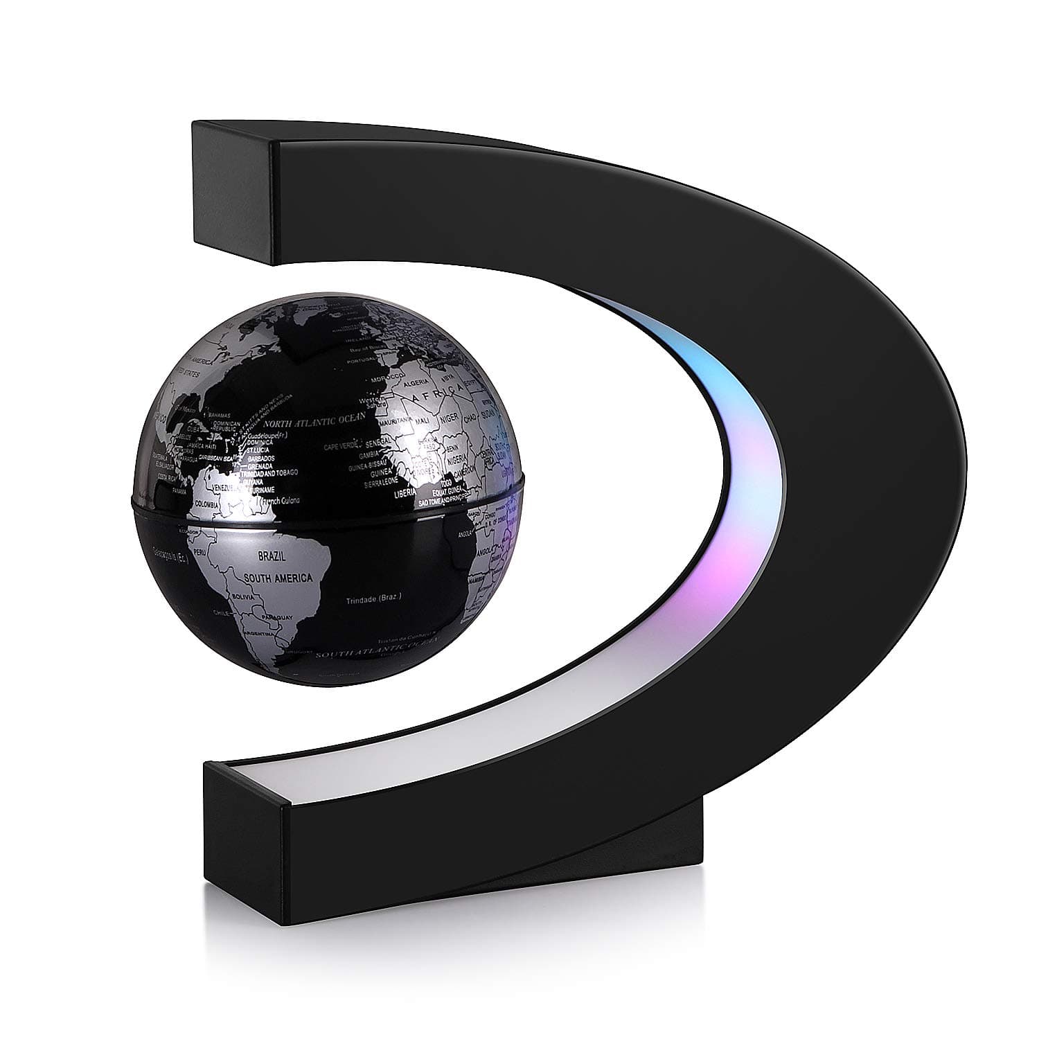 Magnetic Levitation Floating World Map Globe with C Shape Base, Best Business Men Gift, Floating Decoration Black Silver Globe with LED Lights, Fathers Students Teacher Birthday Gift