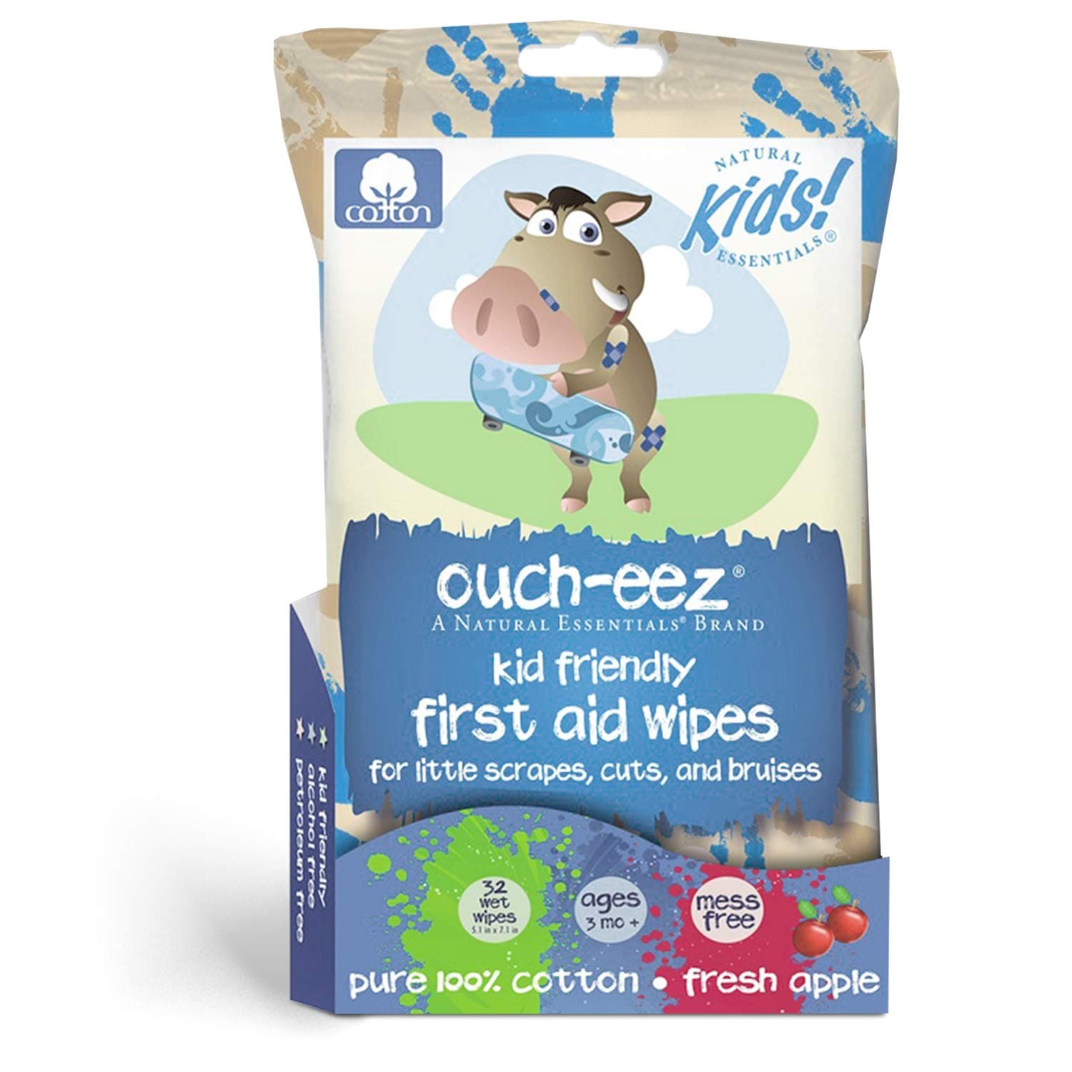 Ouch-eez, Kid Friendly First Aid 100% Cotton Wipes, 32-Count, Fresh Apple Scent For Little Scrapes, Cuts and Bruises, Ages 3 Months & Up