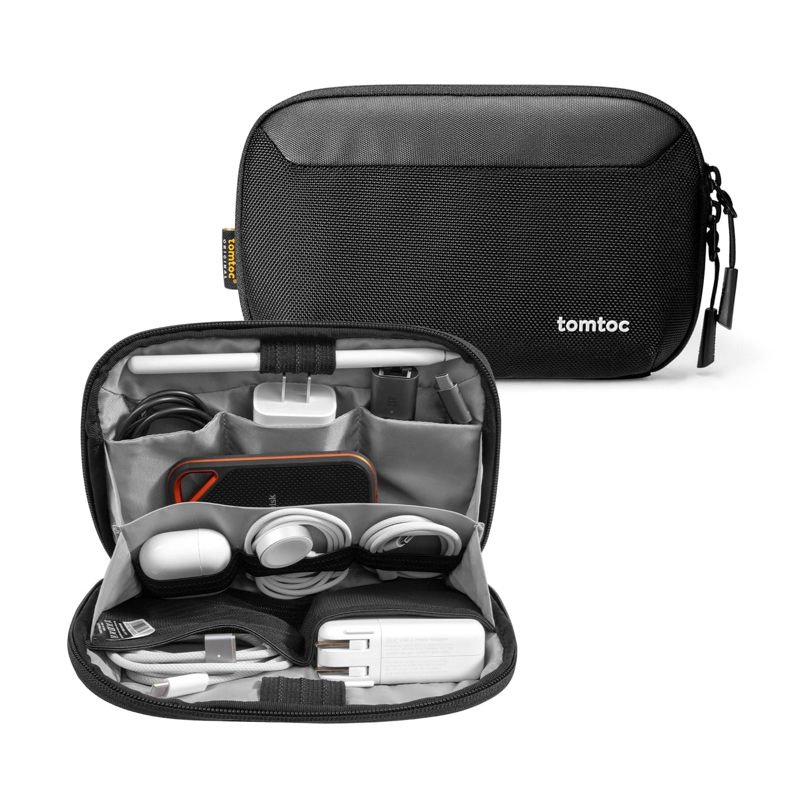 tomtoc Travel Cable Organizer Pouch, Electronics Accessories Organizer Portable Waterproof Double Accessories Carry Case for Cord, Charger, Cables, USB Drive, Black