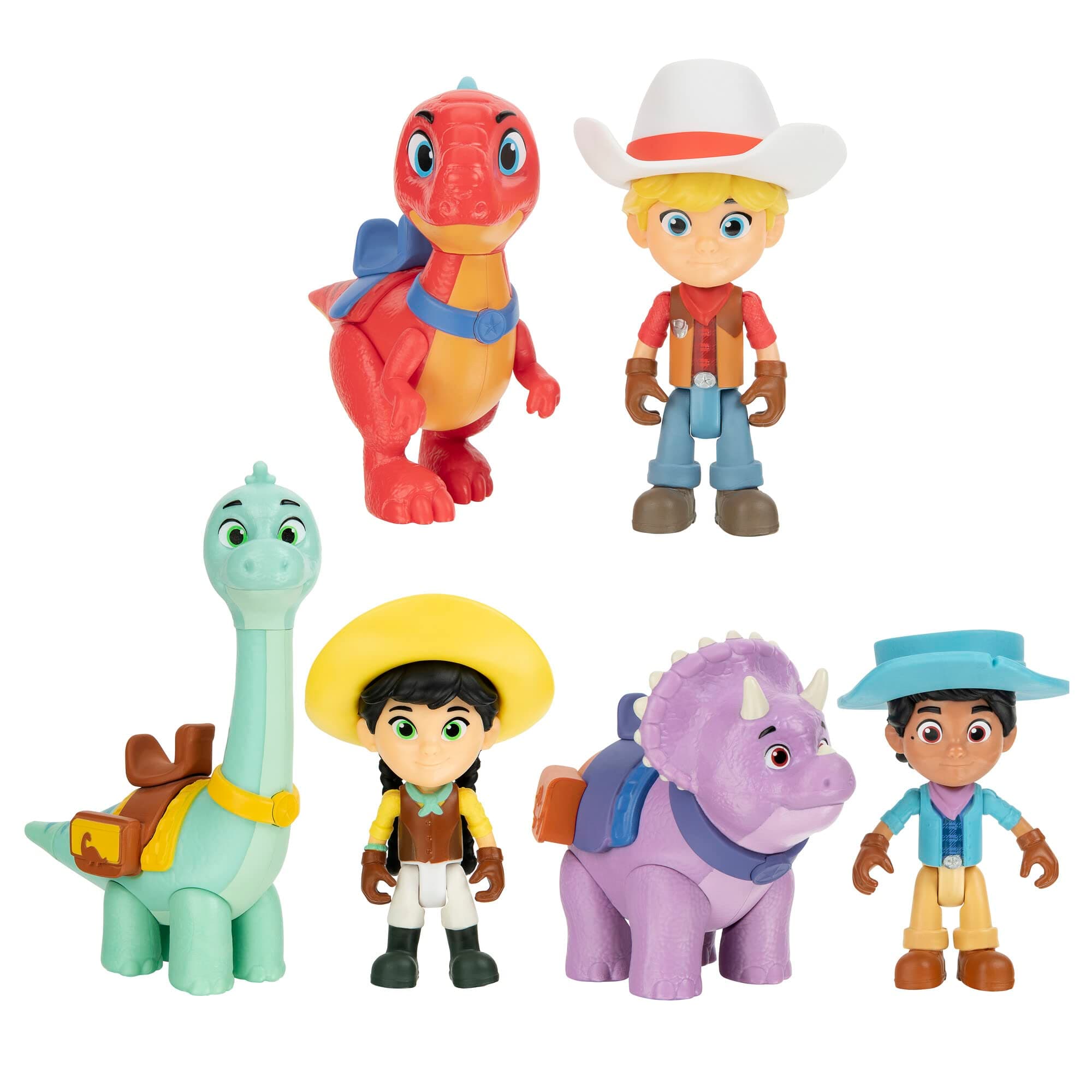 Dino Ranch 6-Figure Pack - Jon and Blitz, Min and Clover, Miguel and Tango - Three 3” Dino Ranchers and Three 4” Dinos, Plus Fence Pieces - Toys for Kids Featuring Your Favorite Pre-Westoric Ranchers