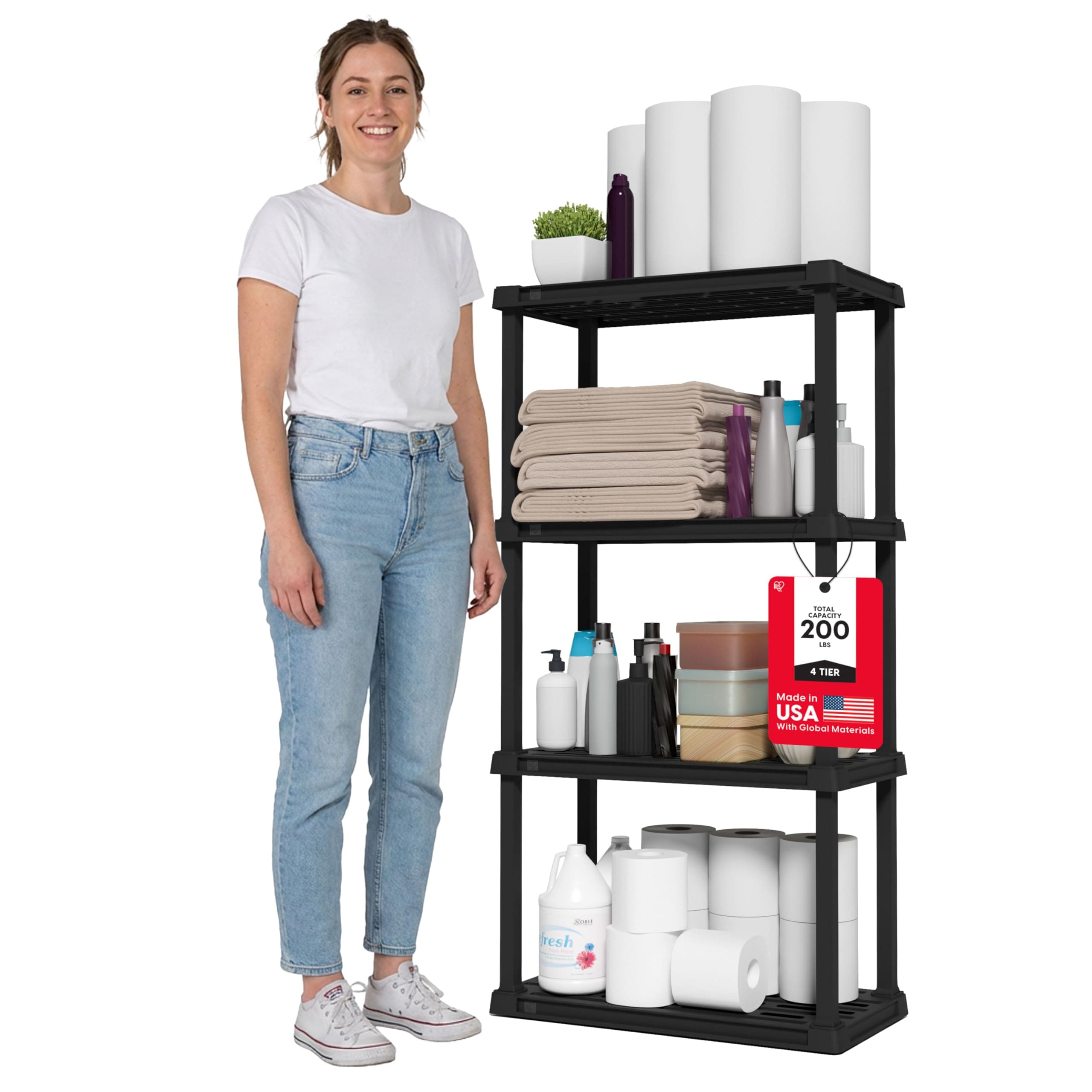 IRIS USA 4-Tier Heavy Duty Plastic Shelving Unit, 48" Tall - 40lbs per Shelf, Modular Garage Rack Storage Organizer for Home, Basement, Laundry & Utility Room, 12"D x 24"W x 48"H - Black