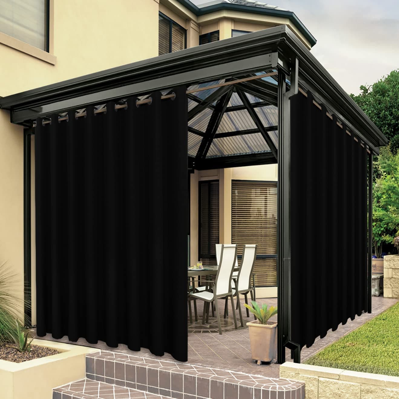 BONZER Outdoor Waterproof Curtains for Patio Extra Wide Grommet Light Filtering Outside Curtains for Gazebo, Porch, Pergola, Pavilion, 1 Panel, 150W x 95L inch, Black