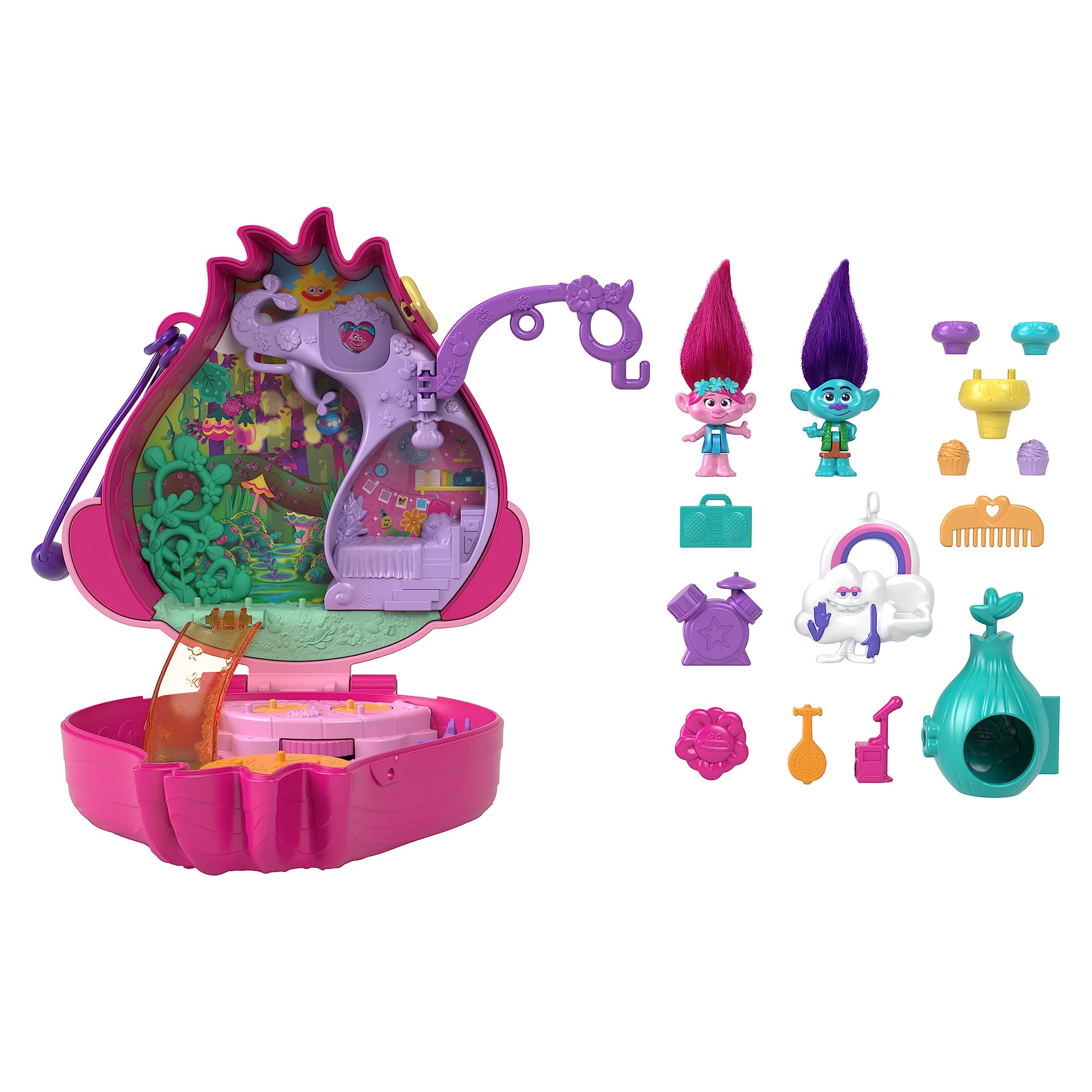 Trolls Compact Playset with 2 Micro Dolls &13 Accessories, Poppy Exterior with Soft Hair, Collectible Toy Includes Poppy & Branch