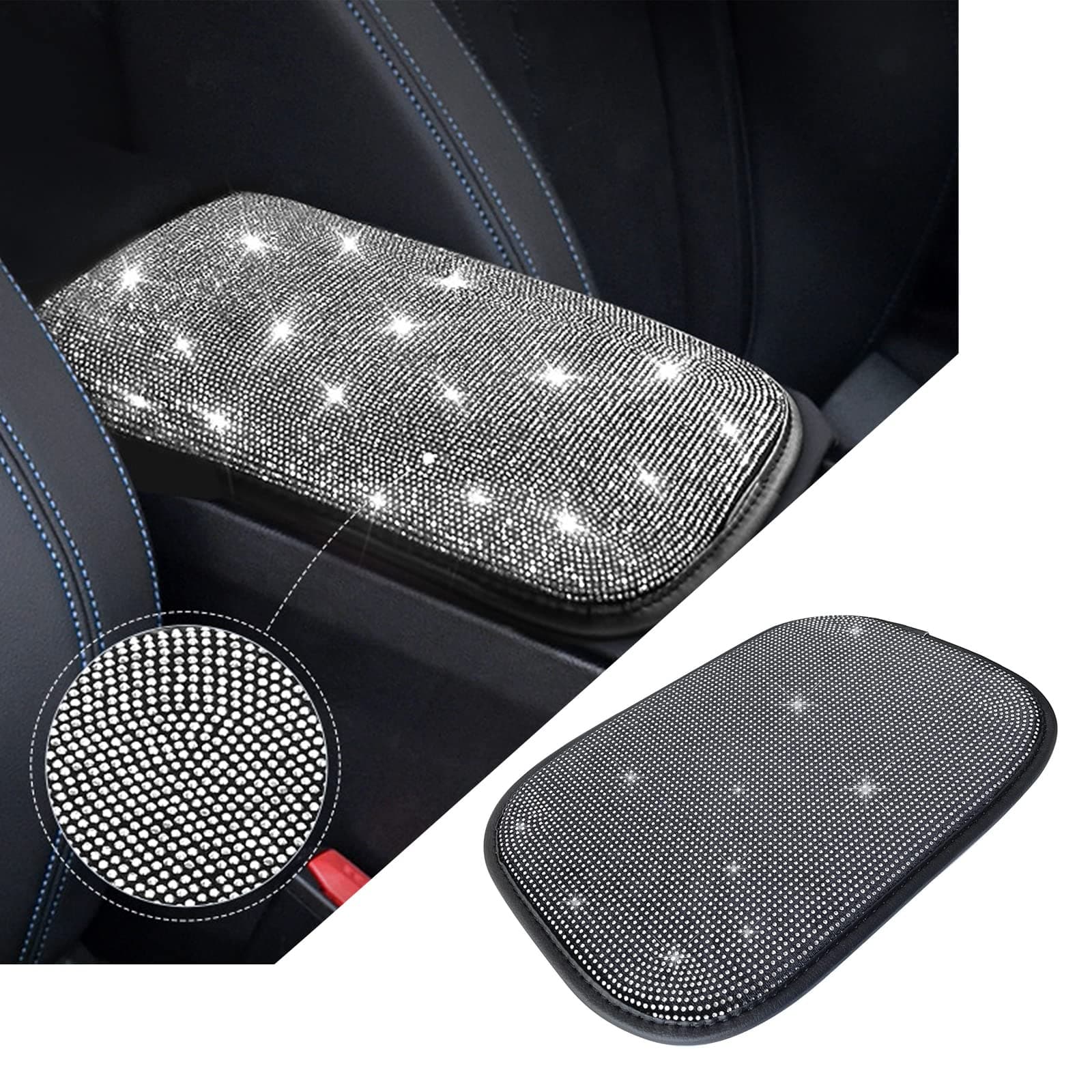 B-ling Car Armrest Cover Cute Charming Auto Center Console Protective Cover Luster Crystal Rhinestone Car Arm Rest Cushion Pad Car Interior Accessories for Women Girl 12.2 x 8.7 Inch (Silver)