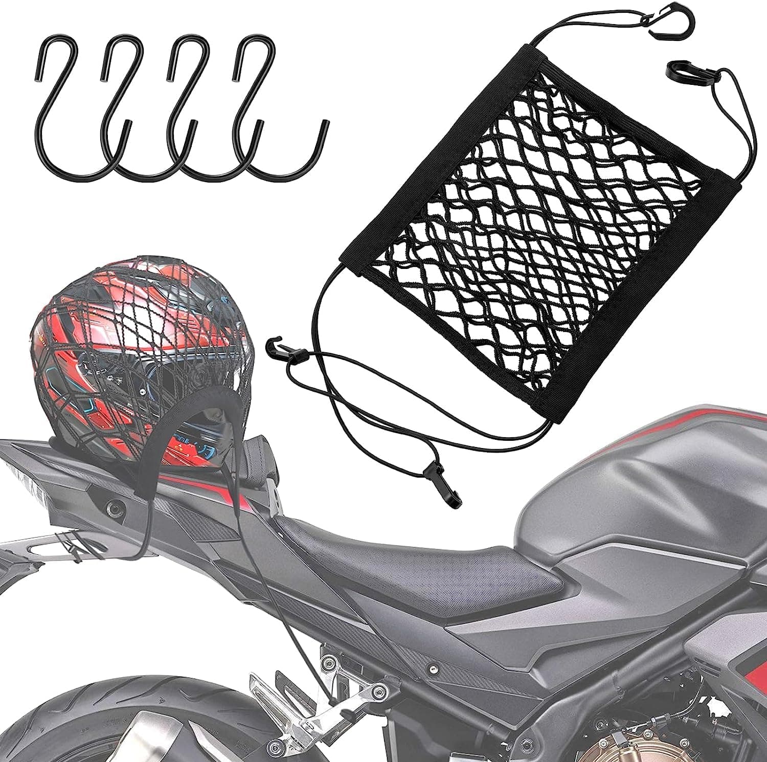 Motorcycle Cargo Net with 4 Hooks - Luggage and Helmet Net for Bike