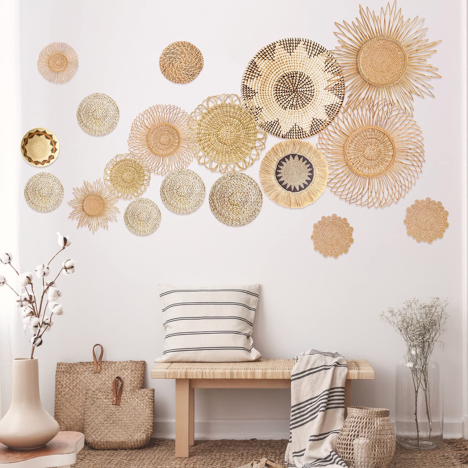 Glenmal 18 Pcs Boho Basket Wall Decals Round Wall Sticker Modern Decor Peel and Stick Decor Sticker Removable Boho Stickers Rustic Art for Bedroom Office, Stickers Only(Stylish Style)