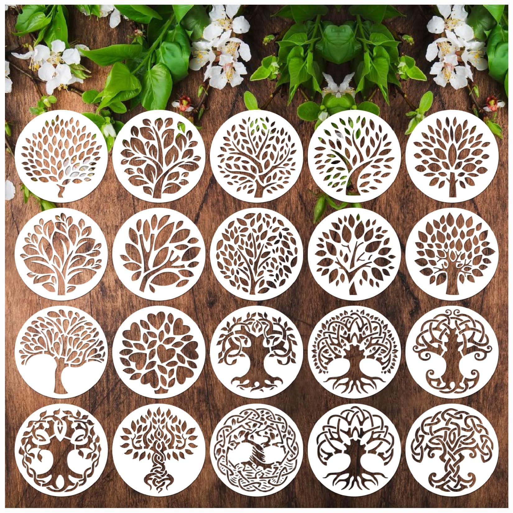 20 Pieces Reusable Tree Stencils 4 Inch Round Tree of Life Stencil for Painting on Wood Plastic Drawing Natural Tree Template Stencils for Coaster Canvas DIY Crafts (20pcs 4in Tree)