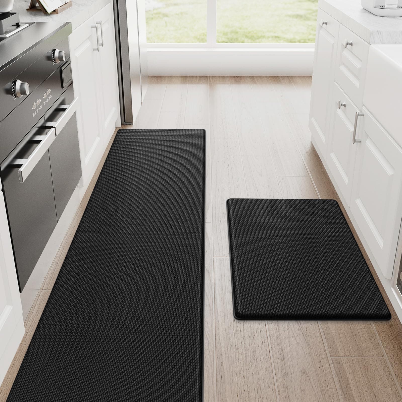 StepRite Kitchen Mats, 2PCS Kitchen Rugs, Cushioned Anti Fatigue Kitchen Mats for Floor, Non-Slip Standing Desk Mat, Waterproof Kitchen Rug Set for Kitchen, Floor, Office, 17.3"x30"+17.3"x70", Black