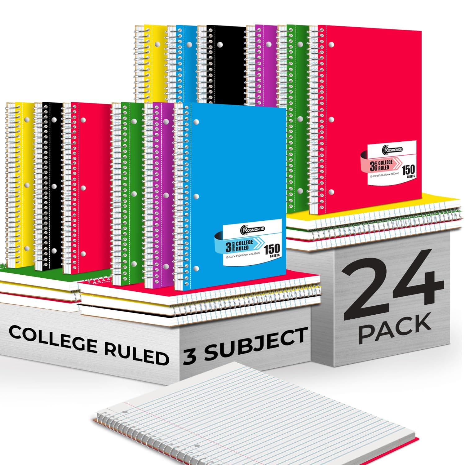 Rosmonde 24 Pack 3 Subject Spiral Notebook College Ruled Bulk, Thick Paper, Extra Pages - 300 Pages (150 Sheets), 8 x 10-1/2", Bulk Spiral Journal for School, 3 Hole Punched, Bulk Subject Notebooks