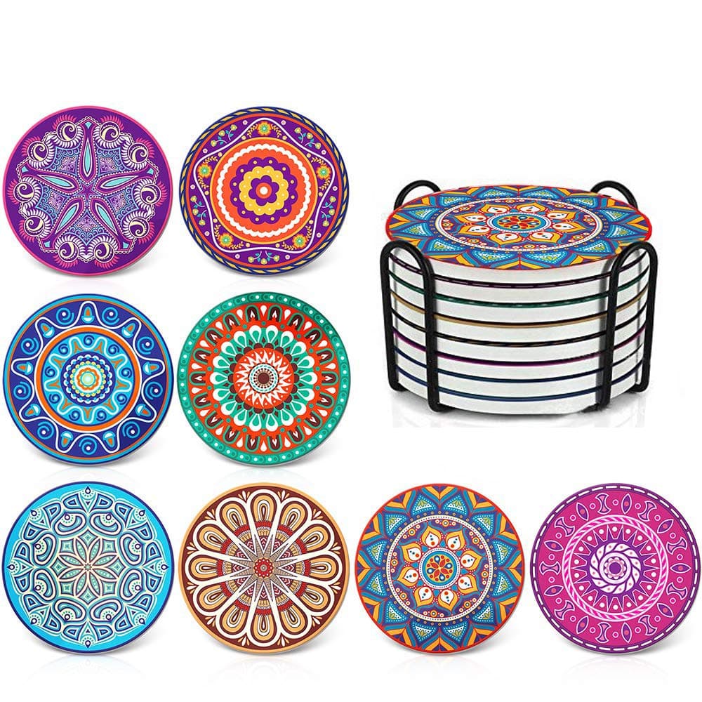 Goodstuff Absorbing Stone Mandala Coasters for Drinks - Cork Base, with Holder, Unique Present for Friends, Men, Women, Funny Birthday Housewarming Gifts, Apartment Kitchen Room Bar Decor, Set of 8