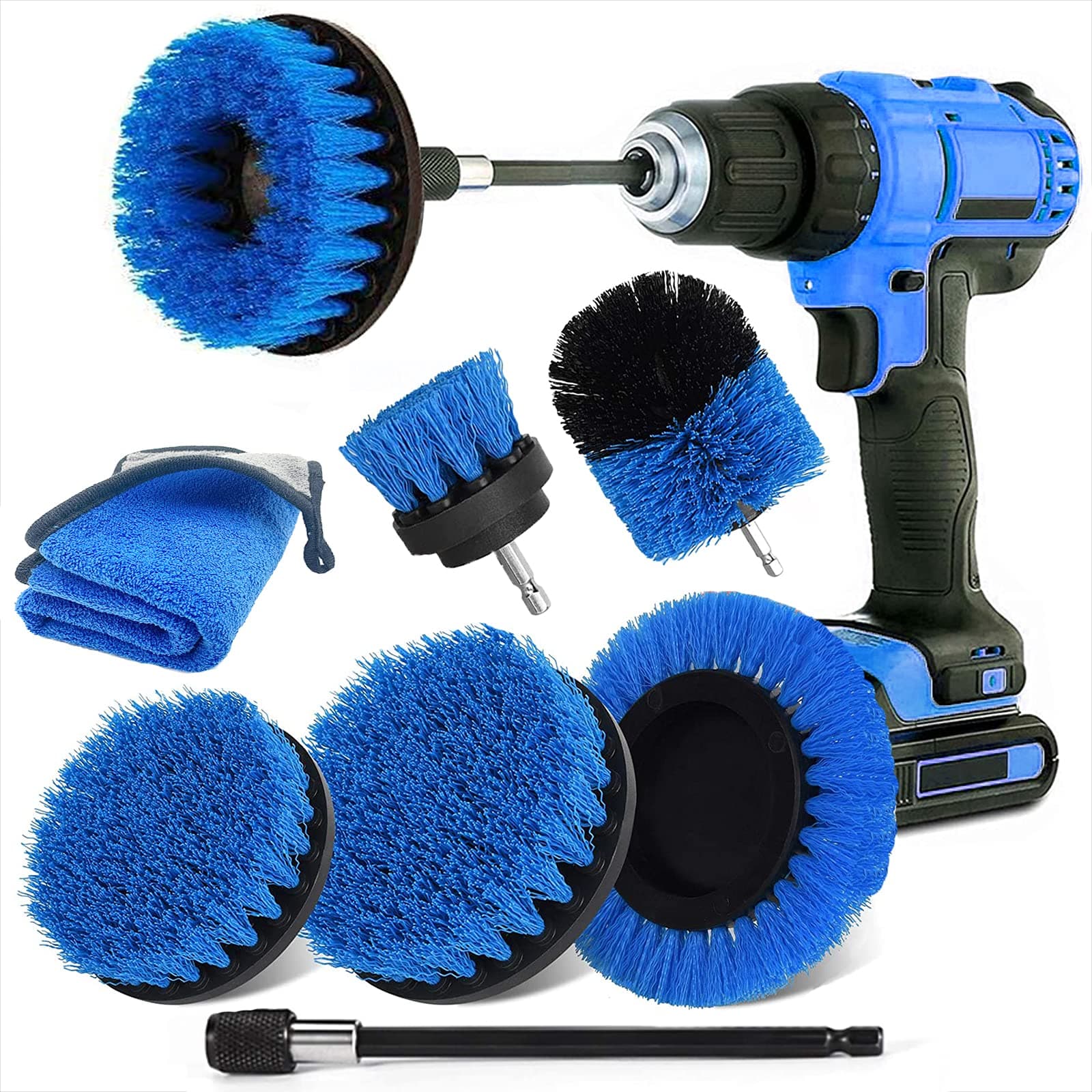 Drill Brush Attachment Set, 8Pcs Power Scrubber Electric Drill Cleaning Brush Kit with Extend Long Attachment Microfiber Towel for Car Kitchen Bathroom Shower Bathtub Tile Sink Grout Floor Carpet Blue