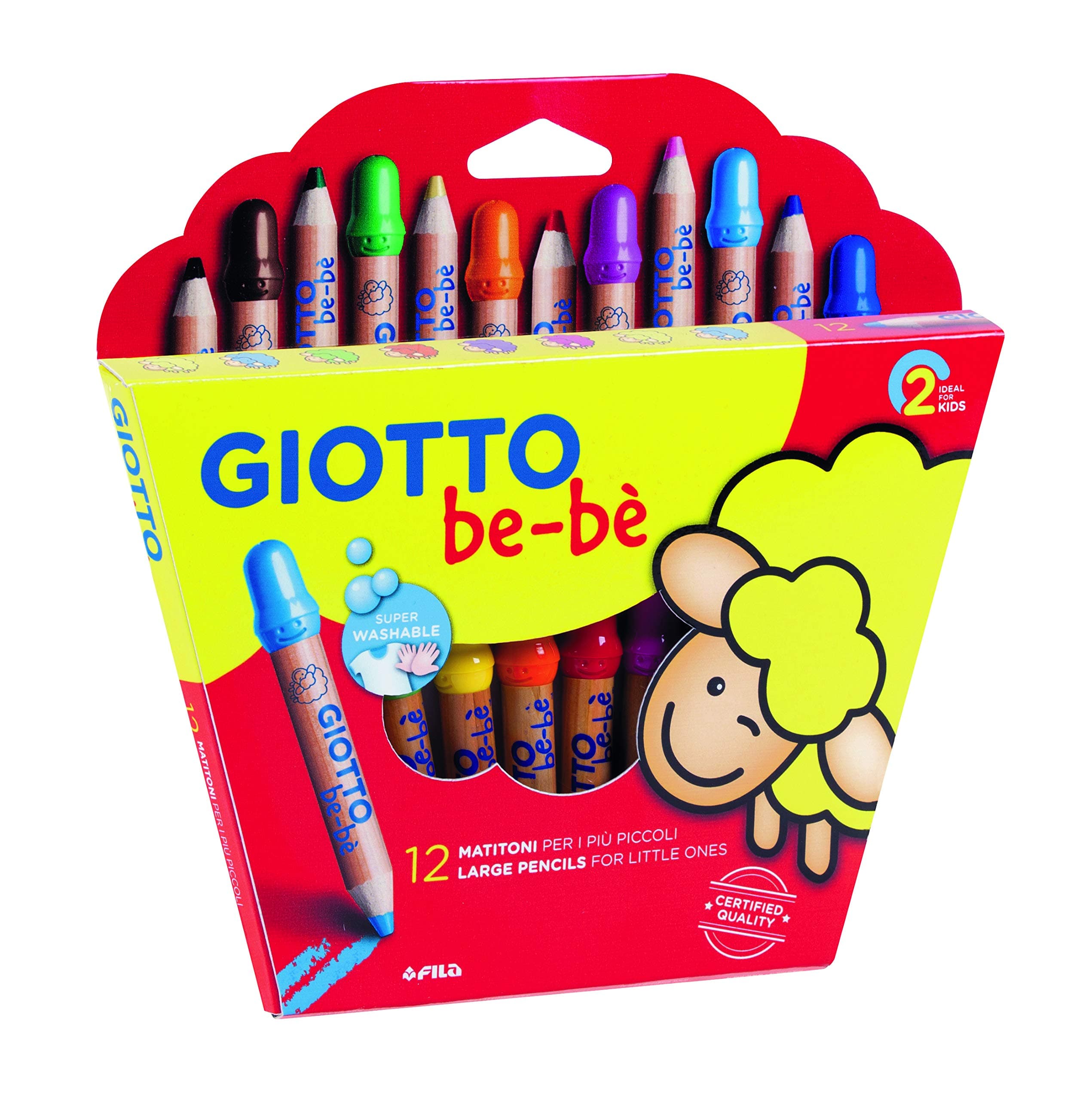 GIOTTO be-bèLarge Colouring Pencils Set, 12 Assorted Colours, Super Washable, Suitable for Ages 2+, Ideal for Children