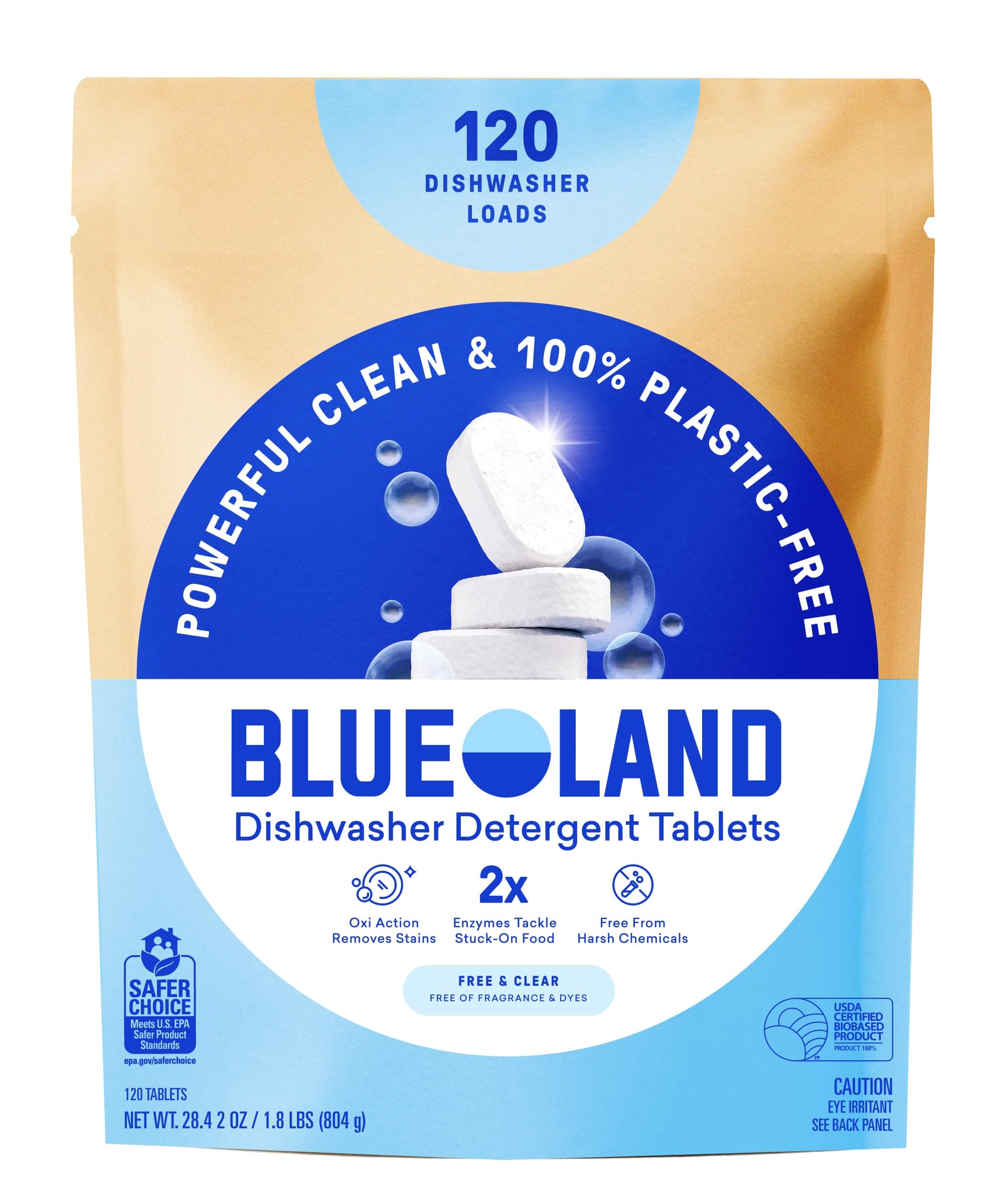 BLUELAND 100% Plastic-Free Dishwasher Detergent Tablets, 120 Count, Free & Clear, Eco-Friendly Dishwashing Pods, Natural, USDA Certified biobased