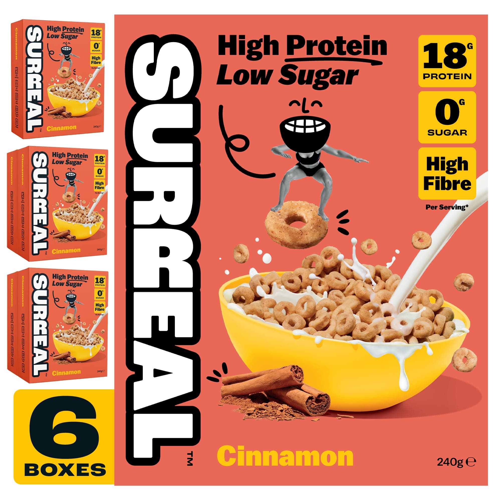Cinnamon - High Protein Keto Cereal 6 Pack - Zero Sugar- Healthy Plant Based Cereal - High in Fibre - Low Carb - Gluten Free - Vegan - 18g of Protein, 0g of Sugar - 240g per Box