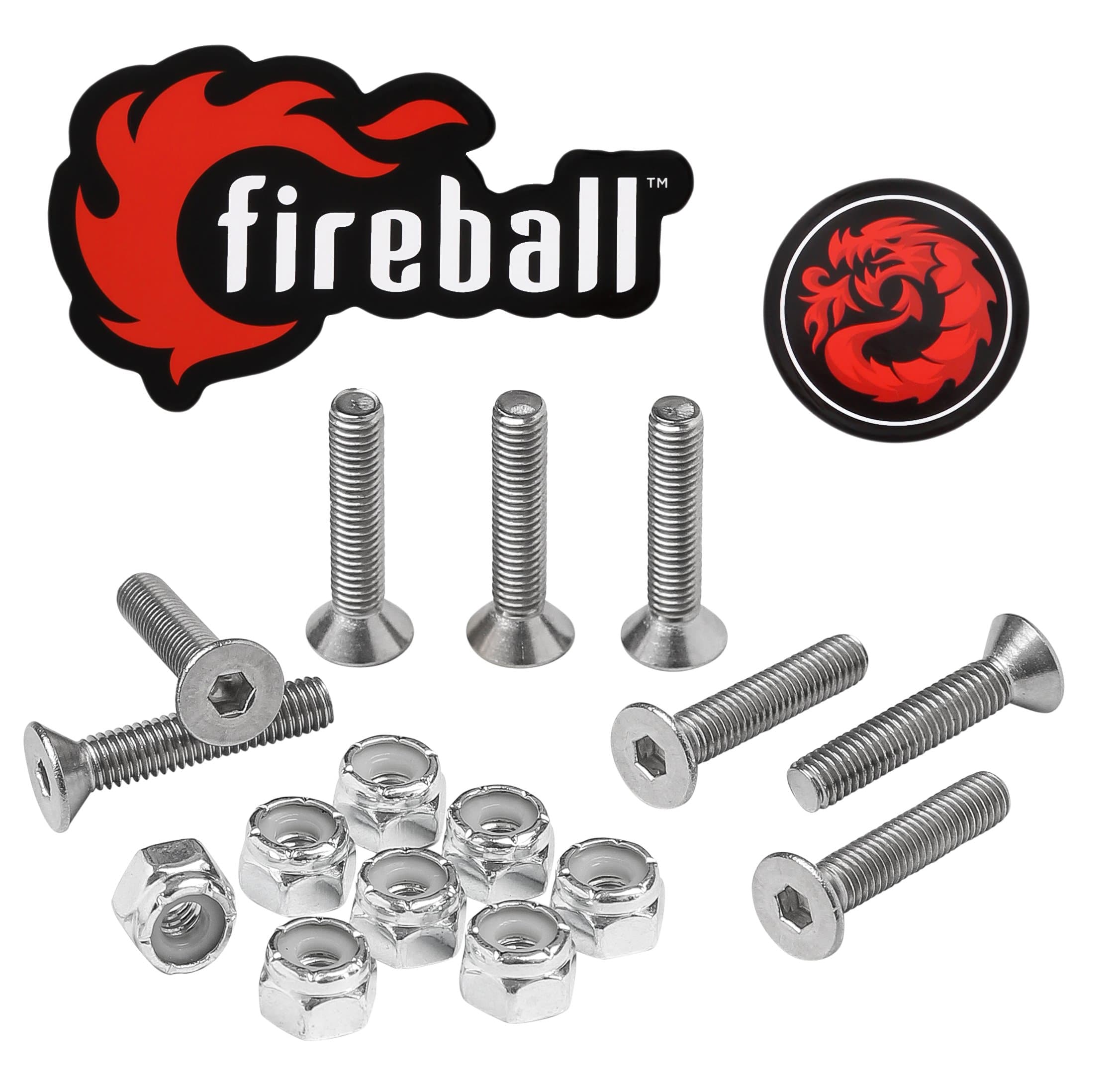 Fireball Dragon Skateboard Hardware Kit - Mounting Screws & Nuts Set for Longboard Skateboard & Cruiser - Ultra Strong Stainless Steel Bolts Designed for Life (8 Bolts, 8 Nuts)