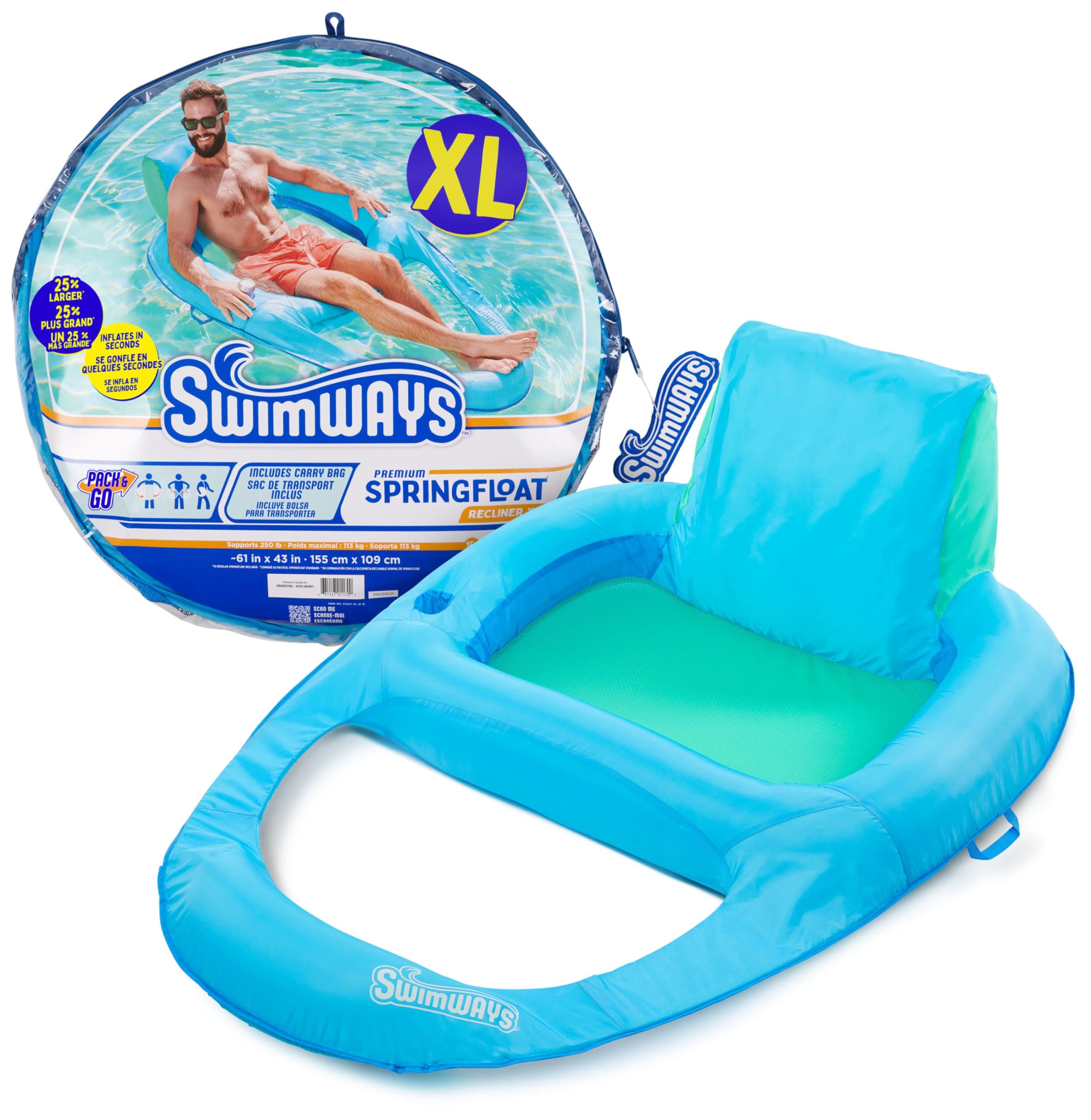 SwimWays Spring Float Premium Recliner Pool Lounger, Inflatable Pool Floats Adult with Fast Inflation for Ages 15 &
