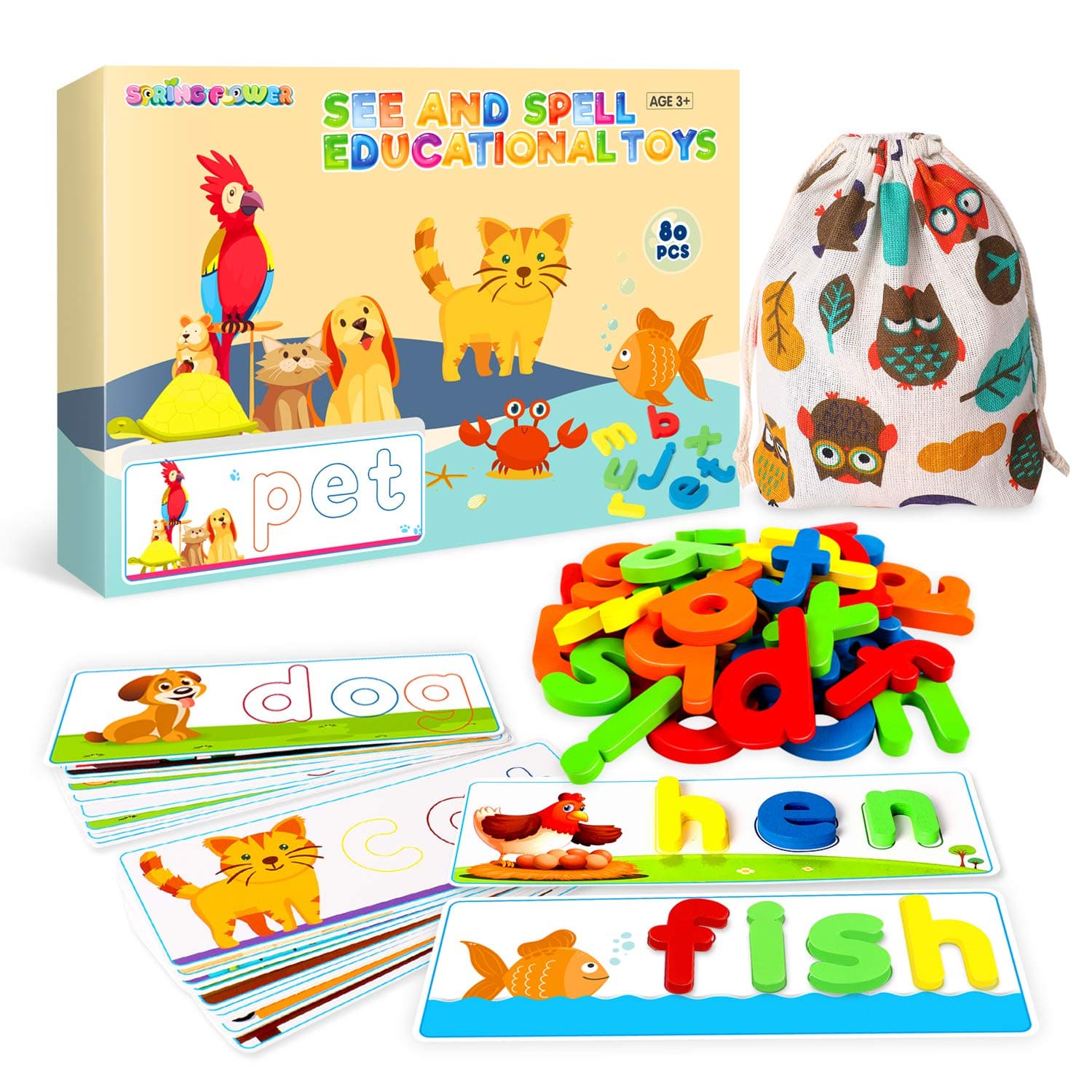 SpringFlower See & Spell Learning Educational Toys for 3 4 5 6 Years Old Boys and Girls, Preschool Learning Activities, Montessori Matching Letter Puzzle Game,CVC Word Builders for Kids,80PCS