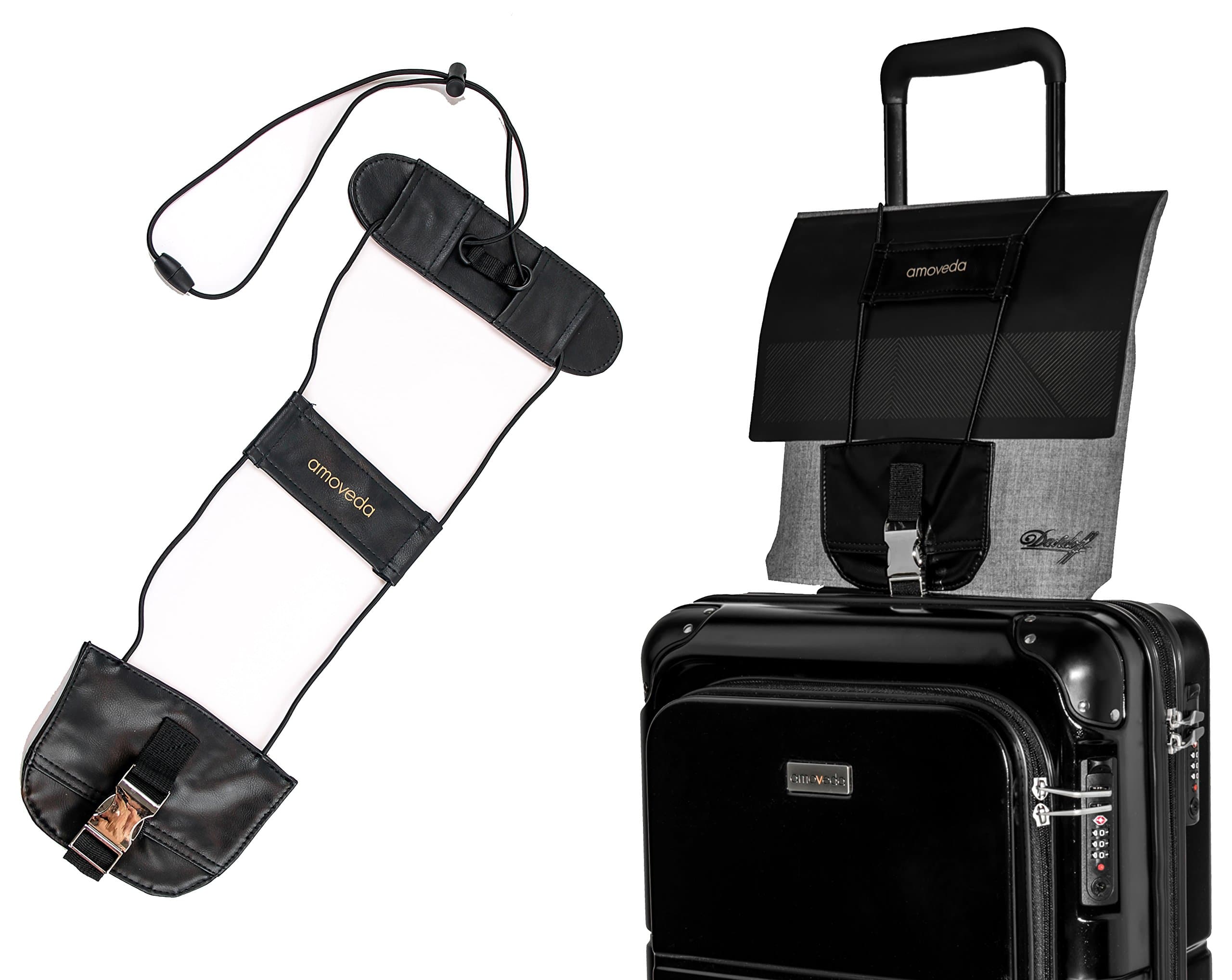 Amoveda Bungee Luggage Strap with Elastic Straps for Bag on Trolley suitcases New Premium Version: Leather with Metal Buckle - Black