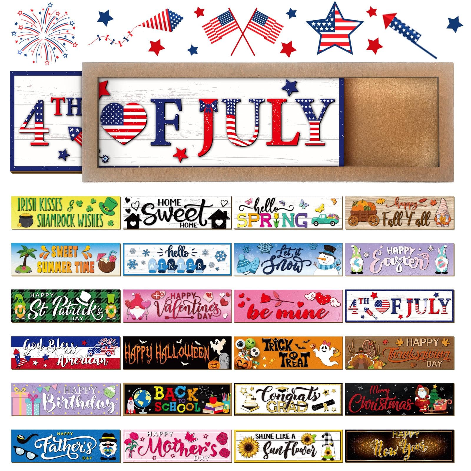 Barydat 25 Pcs Interchangeable Seasonal Decor Interchangeable Welcome Sign with a Wood Frame Seasonal Wooden Welcome Sign Holiday Table Decor for Independence Day Halloween Christmas Decoration
