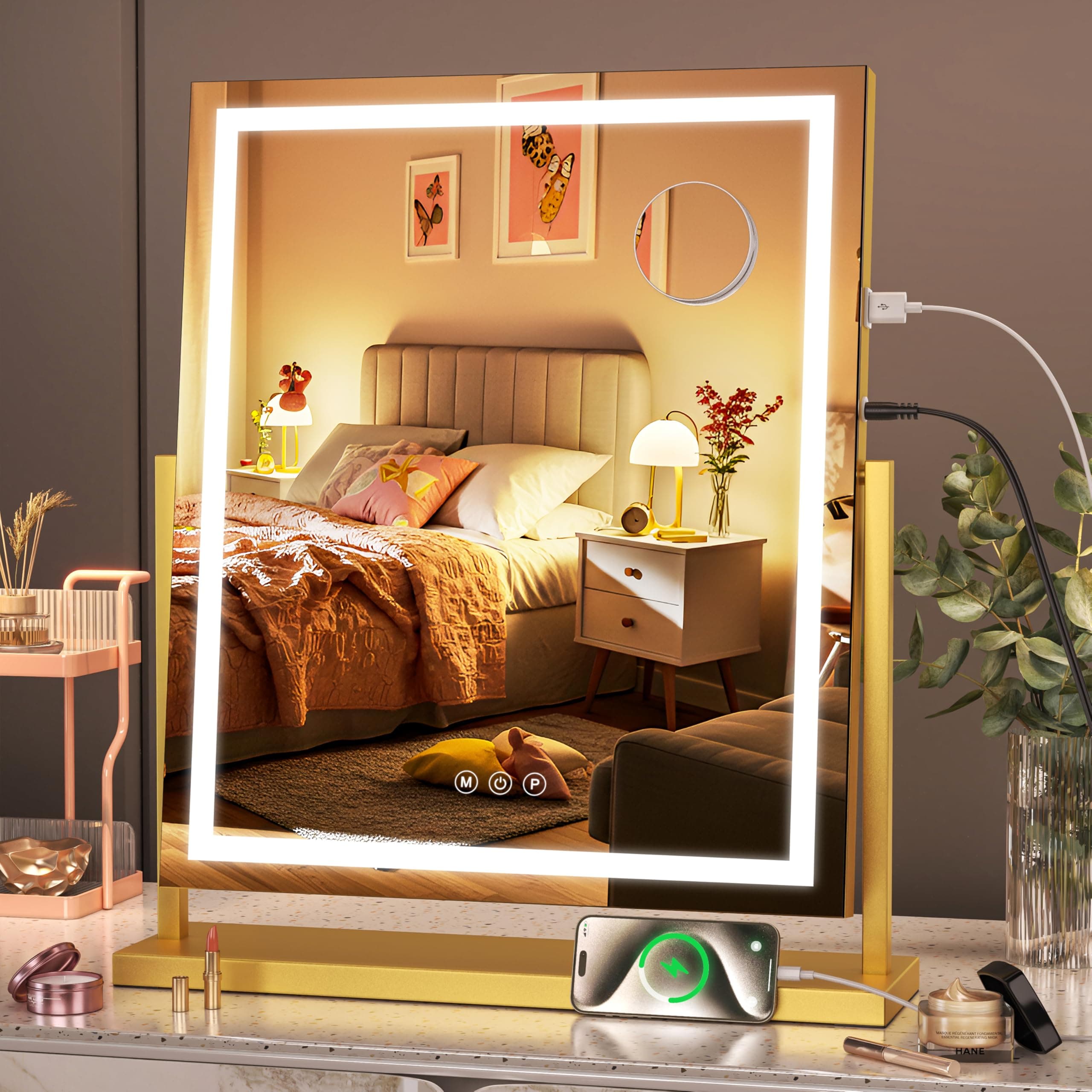 Hasipu Vanity Mirror with Lights, 17" x 22" LED Makeup Mirror with Smart Touch 3 Color Modes and Brightness Adjustment, 10X Magnifying,360° Rotation(Gold)