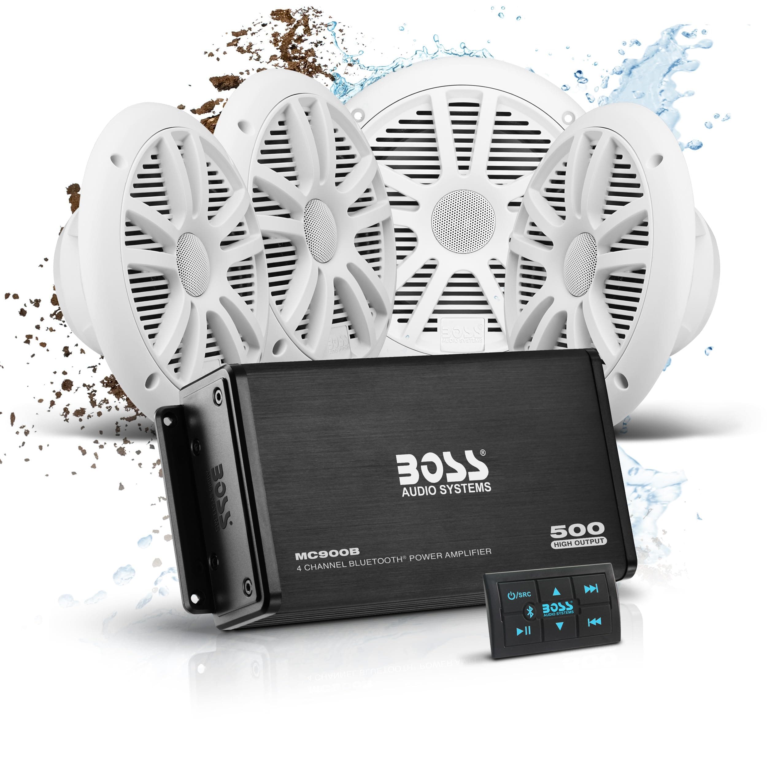 BOSS AUDIO ASK904B.64 Marine Package Includes 500 Watt Max 4-channel Bluetooth Amplifier, Two Pair 6.5 inch MR6W Marine Speakers, Universal USB cable and Phone Pouch by BOSS Audio