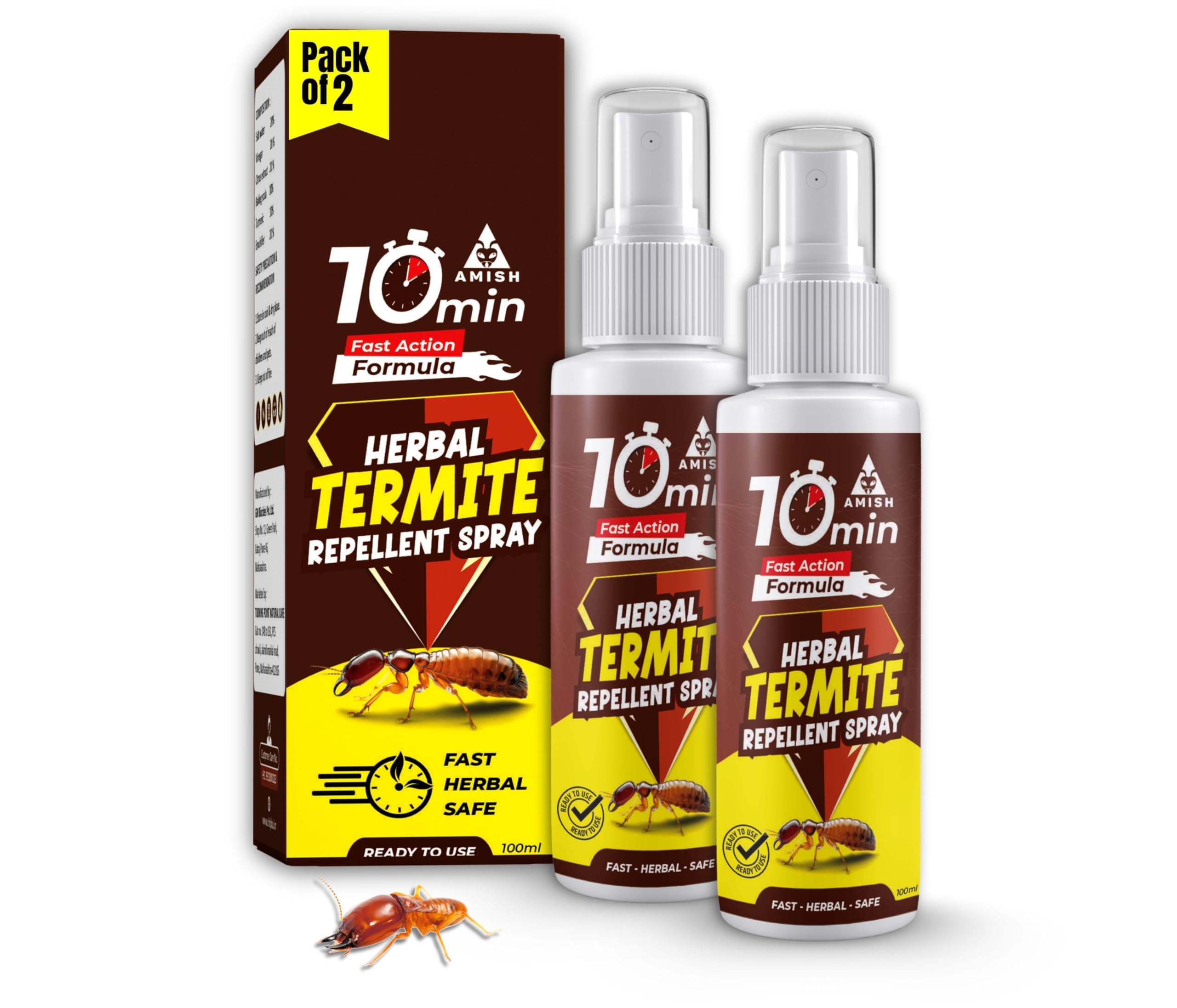 Amish Herbal Termite Spray 100ml Pack-2|10 Minutes Formula |Removes Entire Termite colony|Powerful 100% Organic No Chemical Termite Repellent Spray for Home Furniture Long Lasting Wood Protection