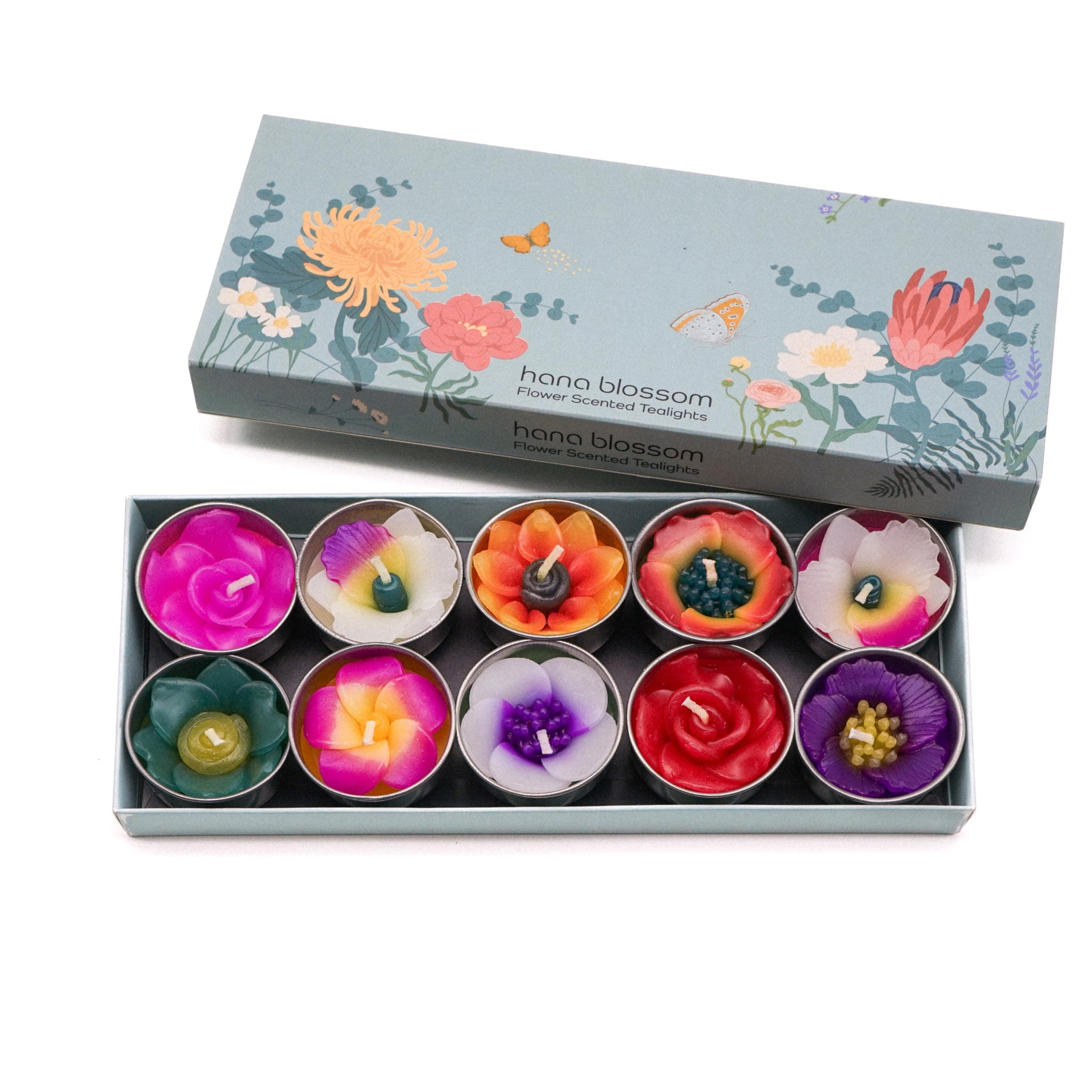 Mixed 10 handmade scented flower tealight candles in assorted designs and colours gift set