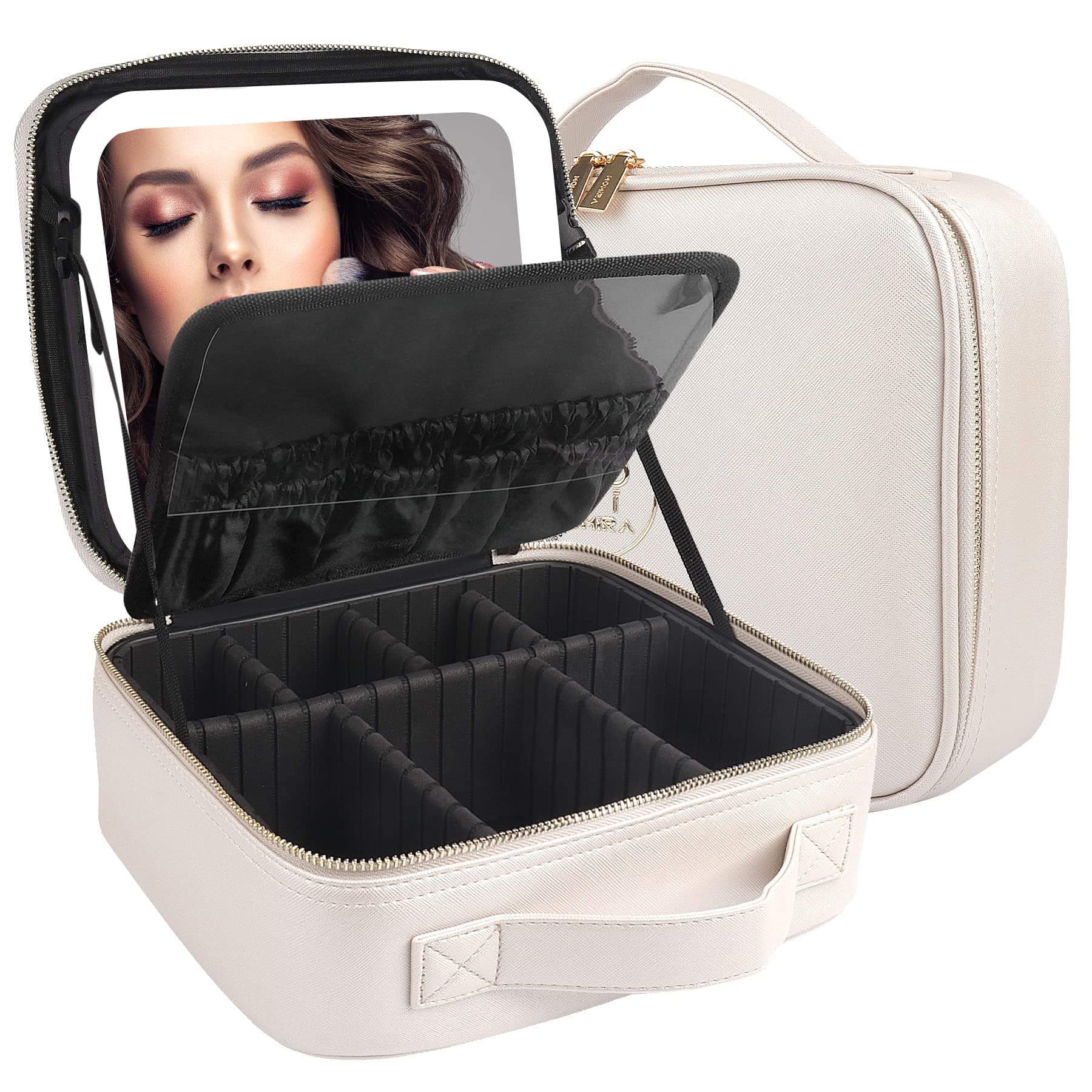 MOMIRA Makeup Box with Mirror, Cosmetics Storage Box, Cosmetics Box, Makeup Case, With Adjustable Dividers, 3 Color Adjustable LED Lights, Makeup Brush Case, Handheld, Large Capacity, Freestanding,