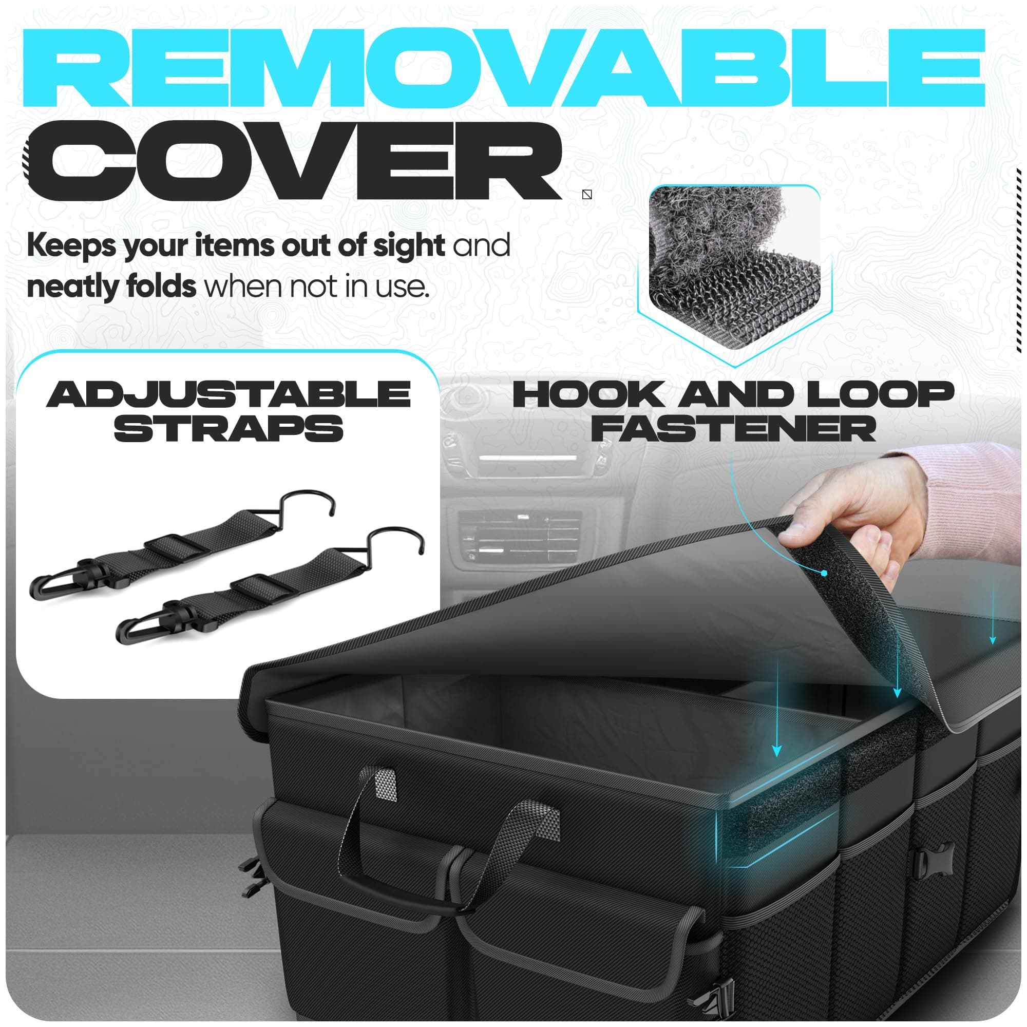 Fortem Car Trunk Organizer, Collapsible Storage, Non Slip Bottom, Securing Straps, Foldable Cover (Black)