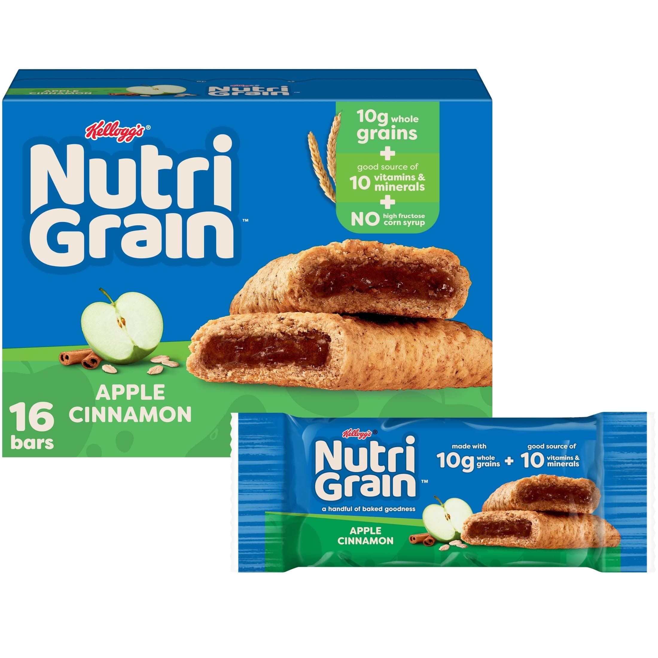 Nutri-Grain Breakfast Bars, Made with 10g Whole Grains, Snacks, Apple Cinnamon, 20.8oz Box, 16 Count (Pack of 3)