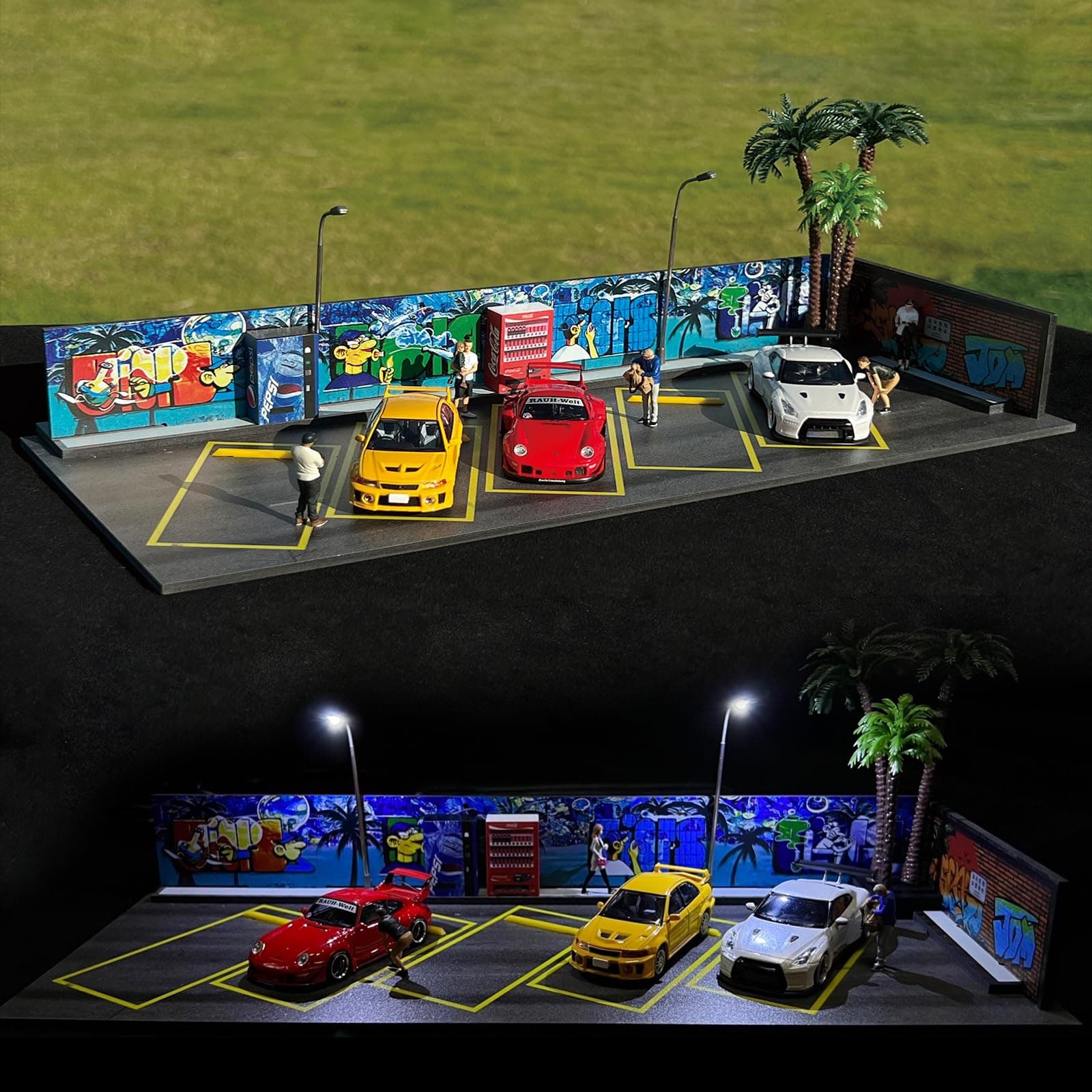 1/64 Scale Die-cast Model Car Display Case ,Scenery Diorama Parking lot, with LED Light and 5 Parking Spaces