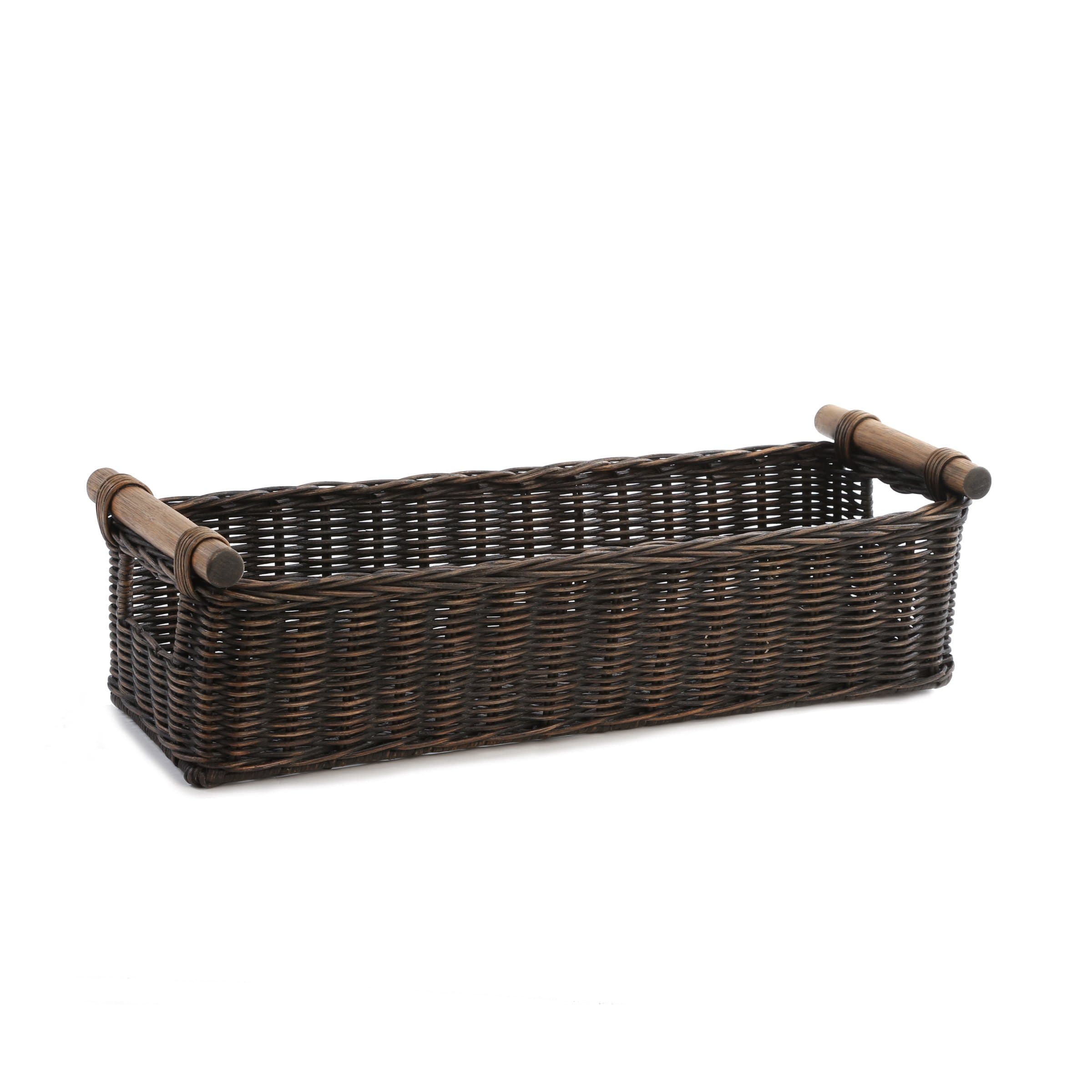 Long Narrow Pole Handle Wicker Basket, Large, 21 in L x 8 in W x 6 in H, Antique Walnut Brown