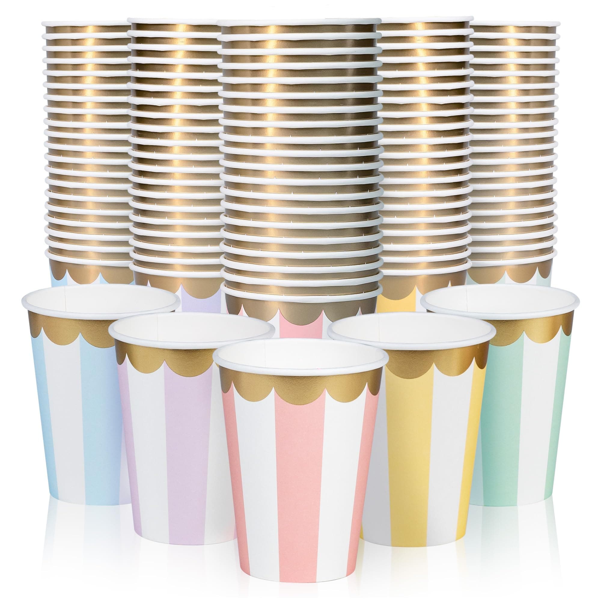- Disposable Paper Coffee Cups, Bulk 100 Pack, 5 Striped Pastel Colorways, Scalloped Gold Foil Details, Leak-Resistant, 12 oz Hot and Cold Cups for Restaurants and Parties