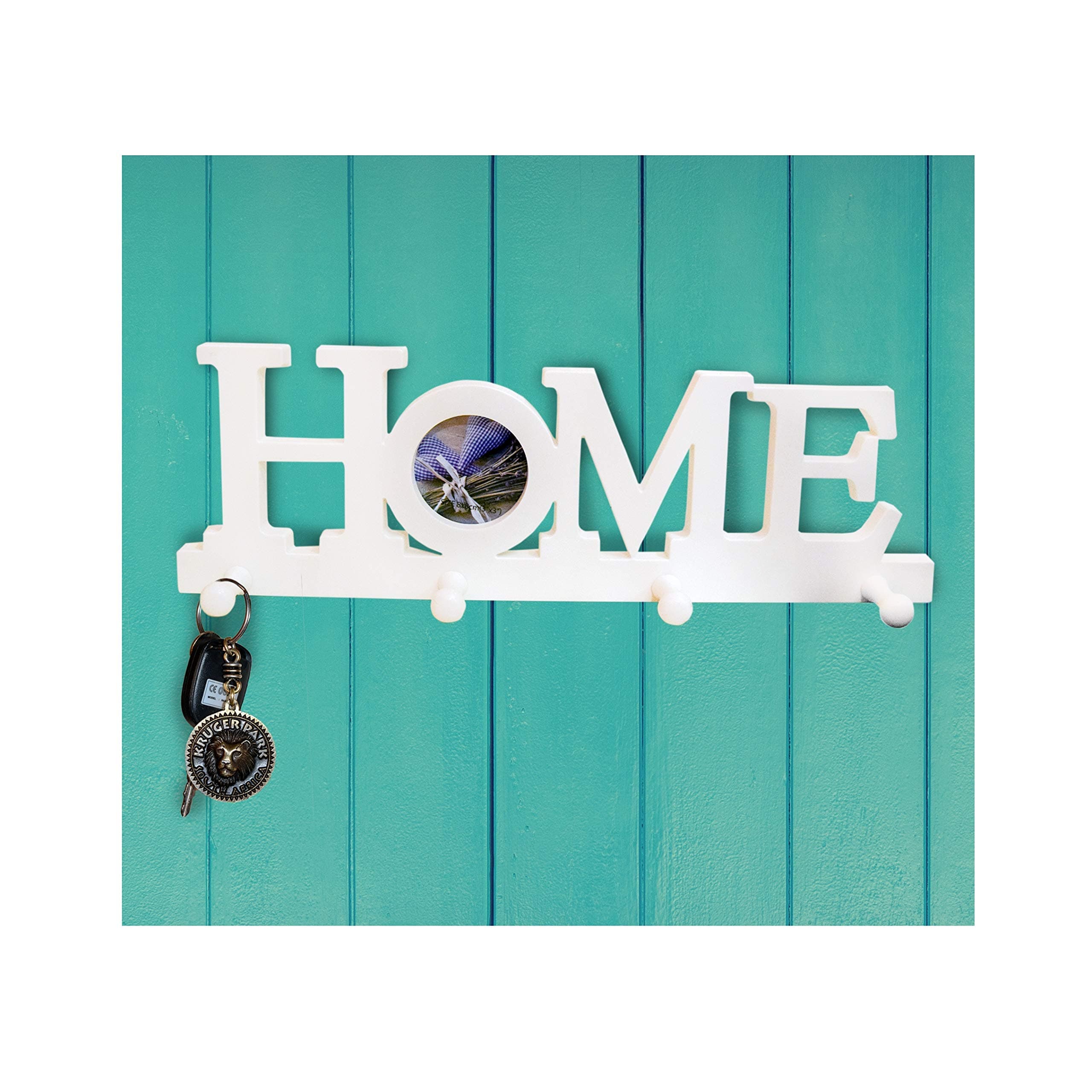 Nitacy Decorative Wall Mounted Hanging Key Holder Rack Organizer Home Word Decor Photo Frame with 4 Hooks White