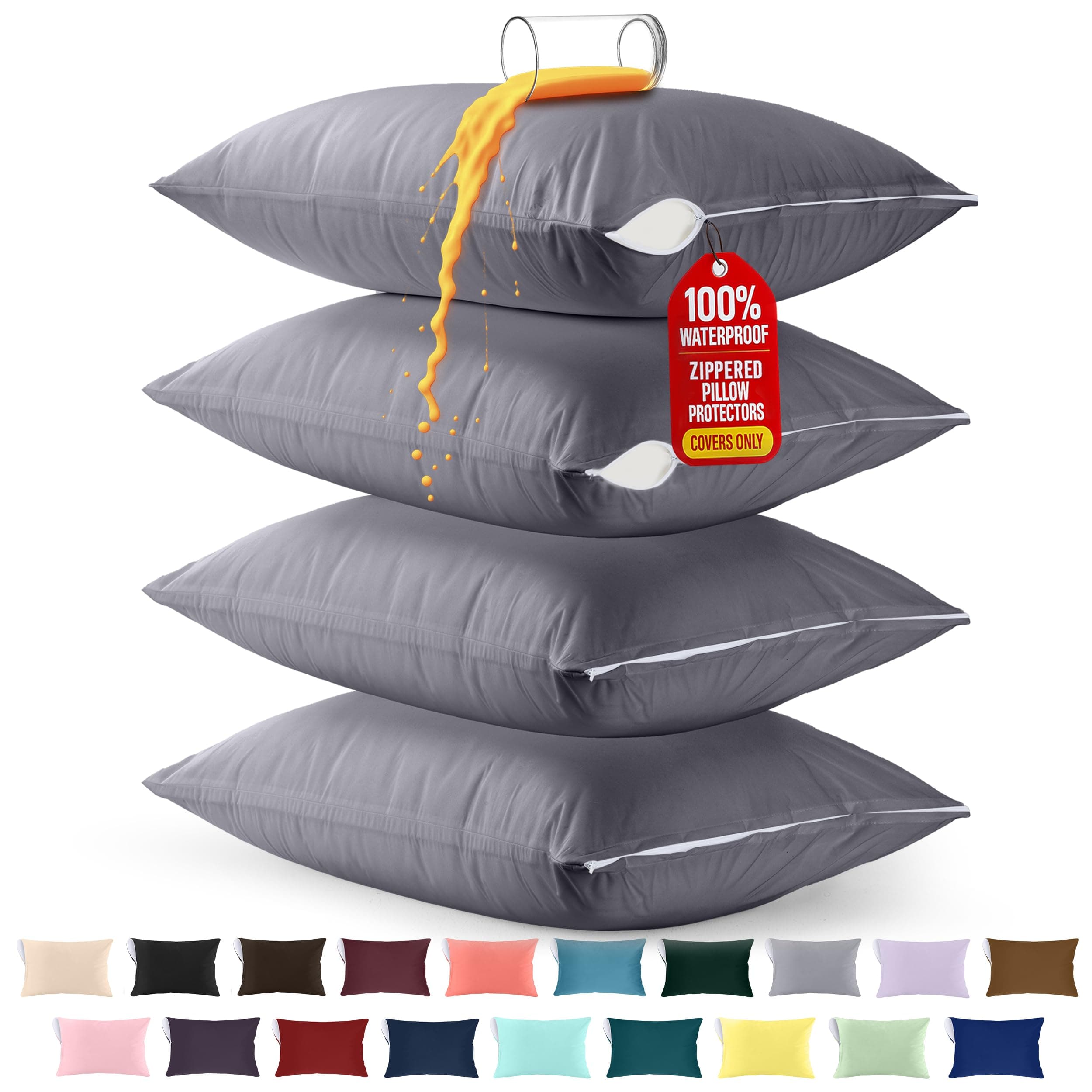 Utopia Bedding 4 Pack Waterproof Pillow Protectors with Zipper Standard Size (Gray), Bed Bug and Dust Mite Proof Pillow case Covers, Moisture Wicking Pillow Encasements 20 x 26 Inches