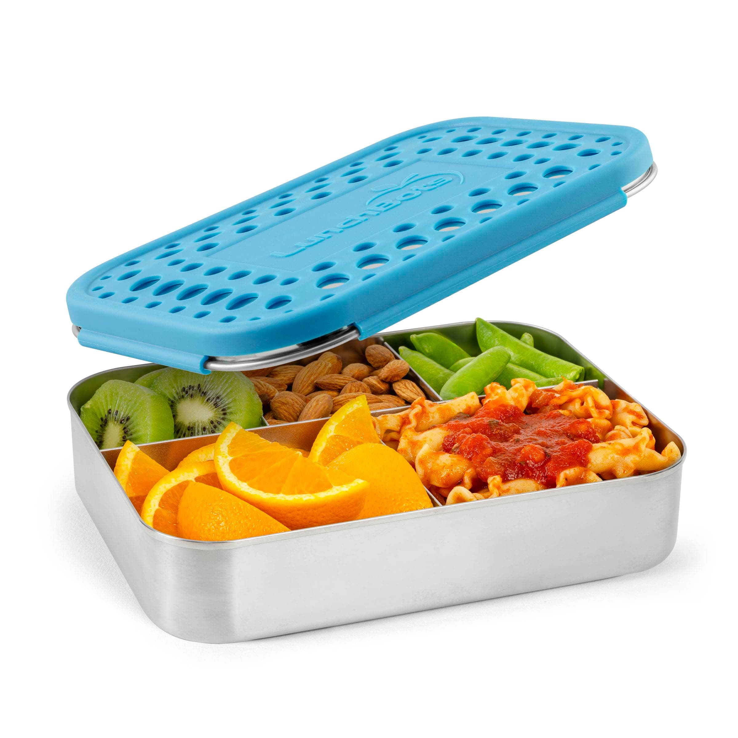 Large Cinco Stainless Steel Lunch Container - Five Section Design Holds a Variety of Foods - Metal Bento Box for Kids or Adults - Dishwasher Safe - Stainless Lid - Aqua Dots