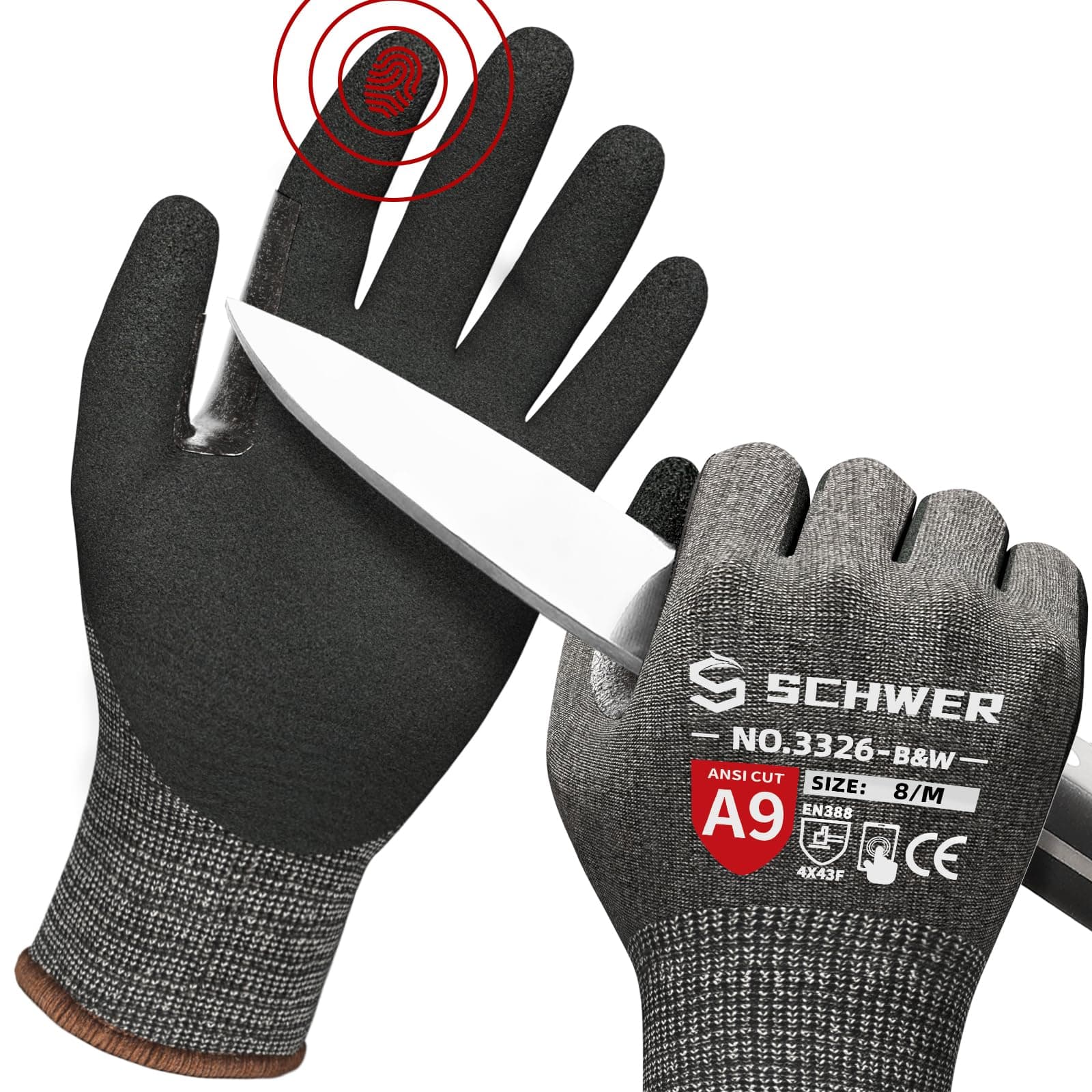 Schwer ProGuard High Level Cut Resistant Work Gloves PR3326 for Extreme Protection,ANSI A9 Cut Gloves with Reinforced Thumb, Non Slip, Durable, Touch-screen, Black 120 Pairs, M