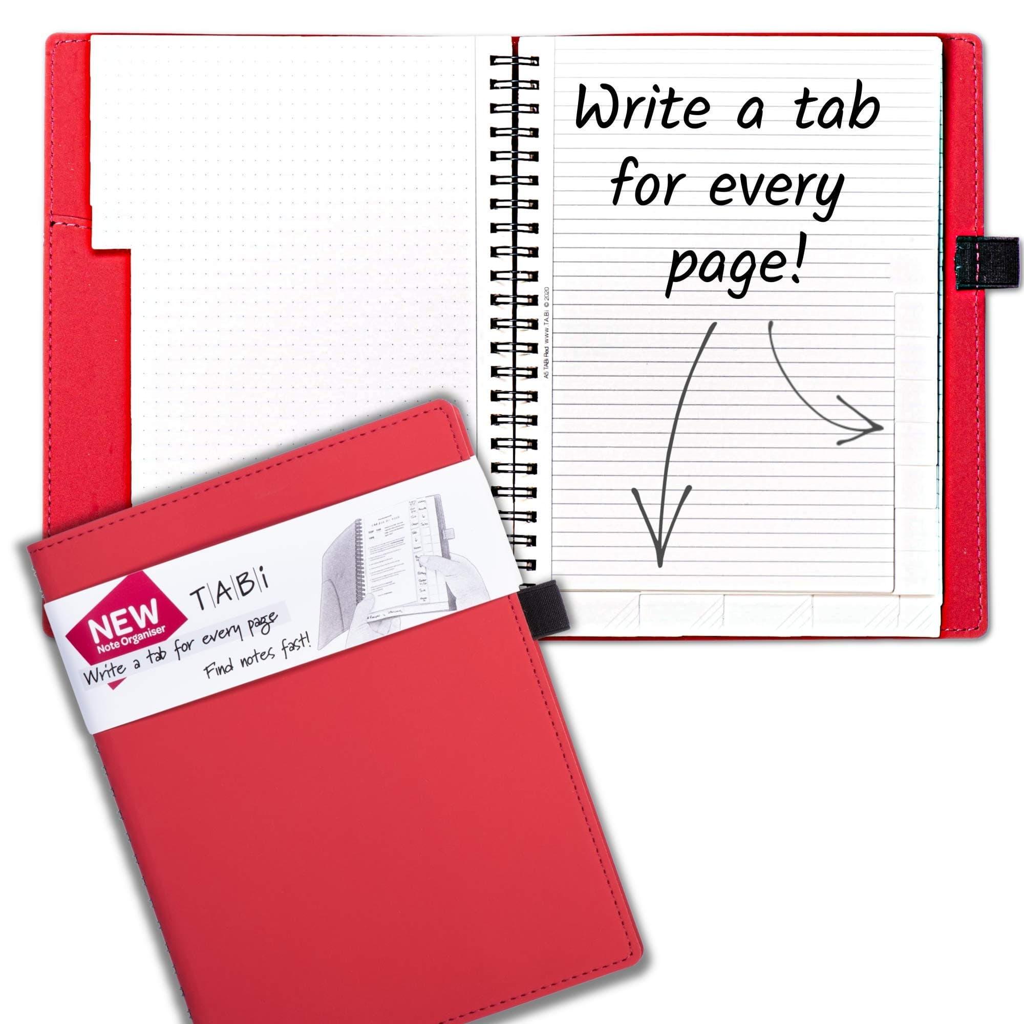 TABi Note Organiser - New TABi A5 RED. Uniquely Designed Notebook with a tab on Every Page to find Notes Fast!