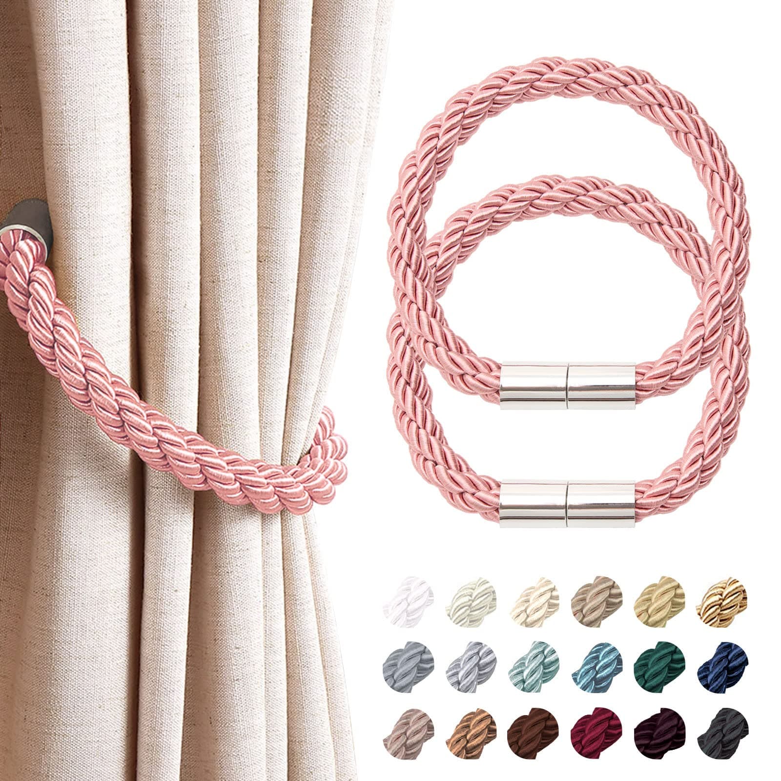 NICEEC 2 Pack Strong Magnetic Curtain Tiebacks Modern Simple Style Drape Tie Backs Convenient Decorative Weave Rope Curtain Holdbacks for Thin or Thick Home & Office Window Draperies (Pink)