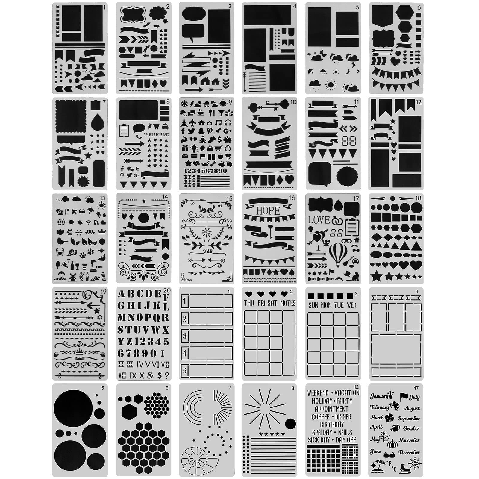 20 PCS Journal Stencil Plastic Planner Set for Journal/Notebook/Diary/Scrapbook DIY Drawing Template Journal Stencils 4x7 Inch