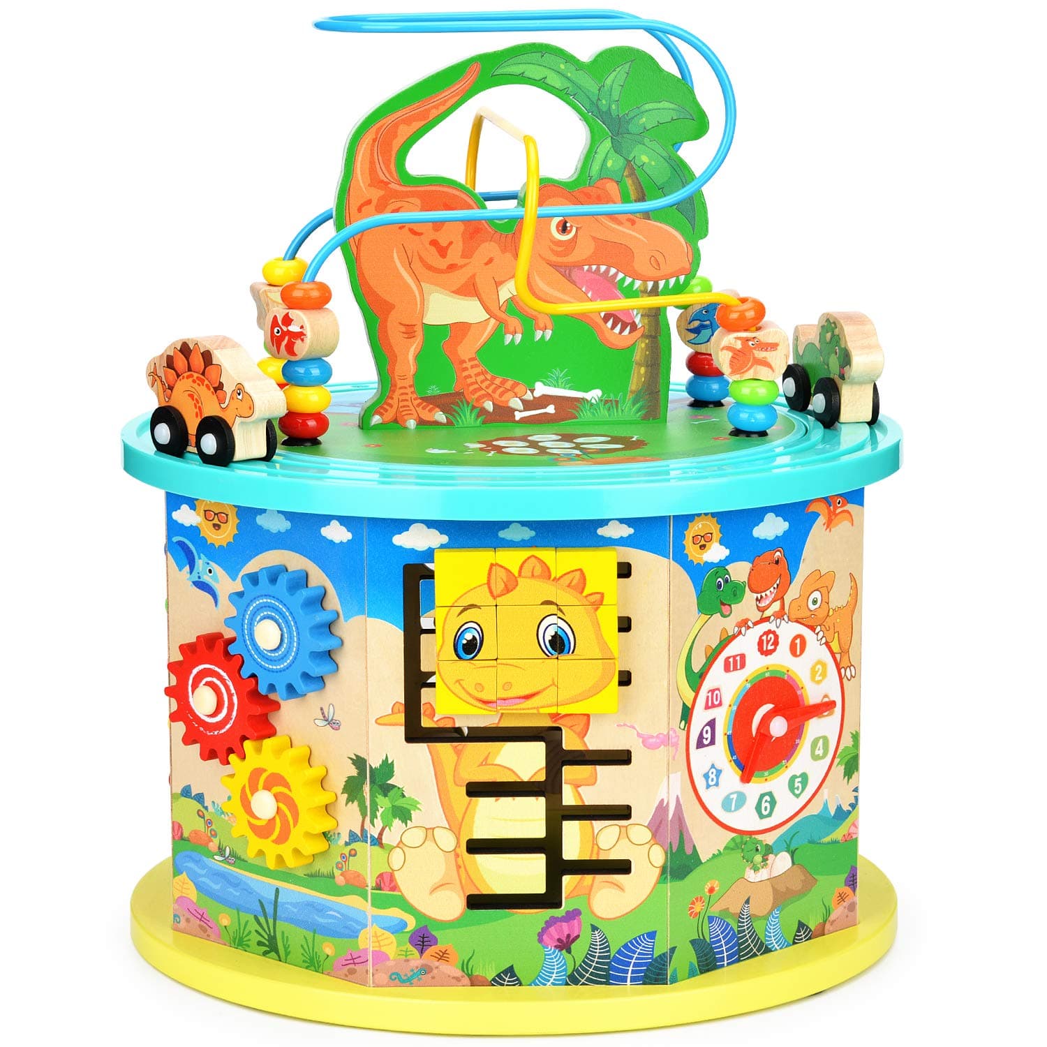 Victostar Activity Cube, 11 in 1 Dinosaur Bead Maze Multipurpose Educational Toy Wood Shape Color Sorter for Kids