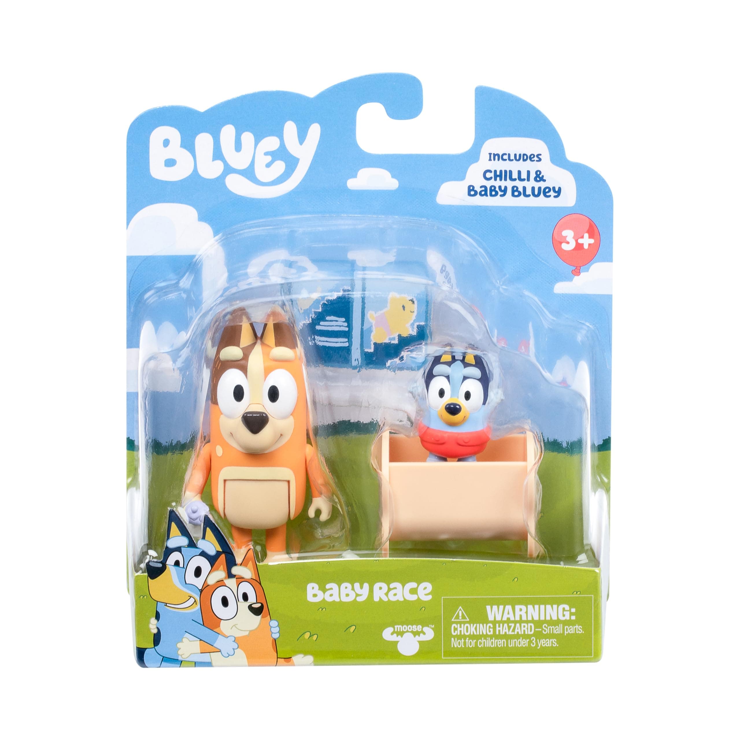 BLUEY Figure 2-Pack Baby Race | 2 Figure Pack with Chilli and Baby with Cradle Accessory