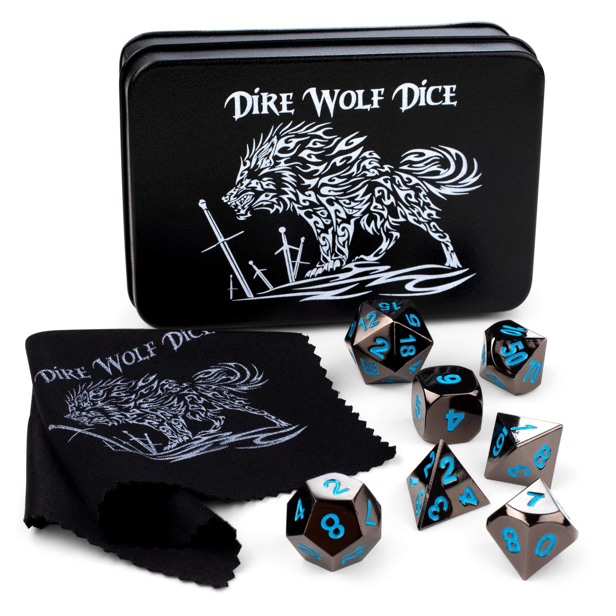 Metal Polyhedral DND Dice Set (7 Black and Blue Game Dice Plus Custom Tin Case) Dire Wolf Dice Gift Set for Role Playing RPG Like Dungeons and Dragons D&D, Pathfinder, Magic The Gathering MTG Games