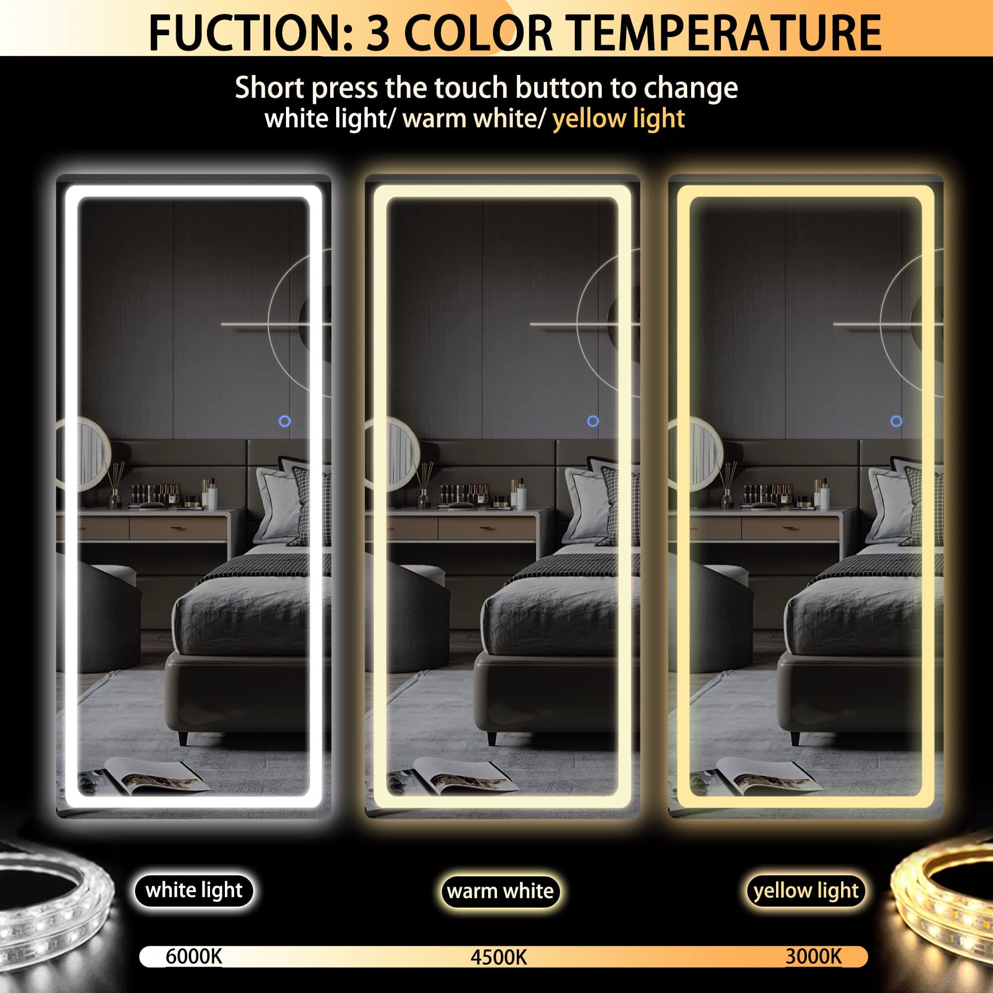 Hasipu Full Length Mirror with Lights, 65'' x 22'' Lighted Floor Standing LED Bedroom Mirror Full Length, Full Body Mirror w/ Dimming & 3 Color Lighting Black