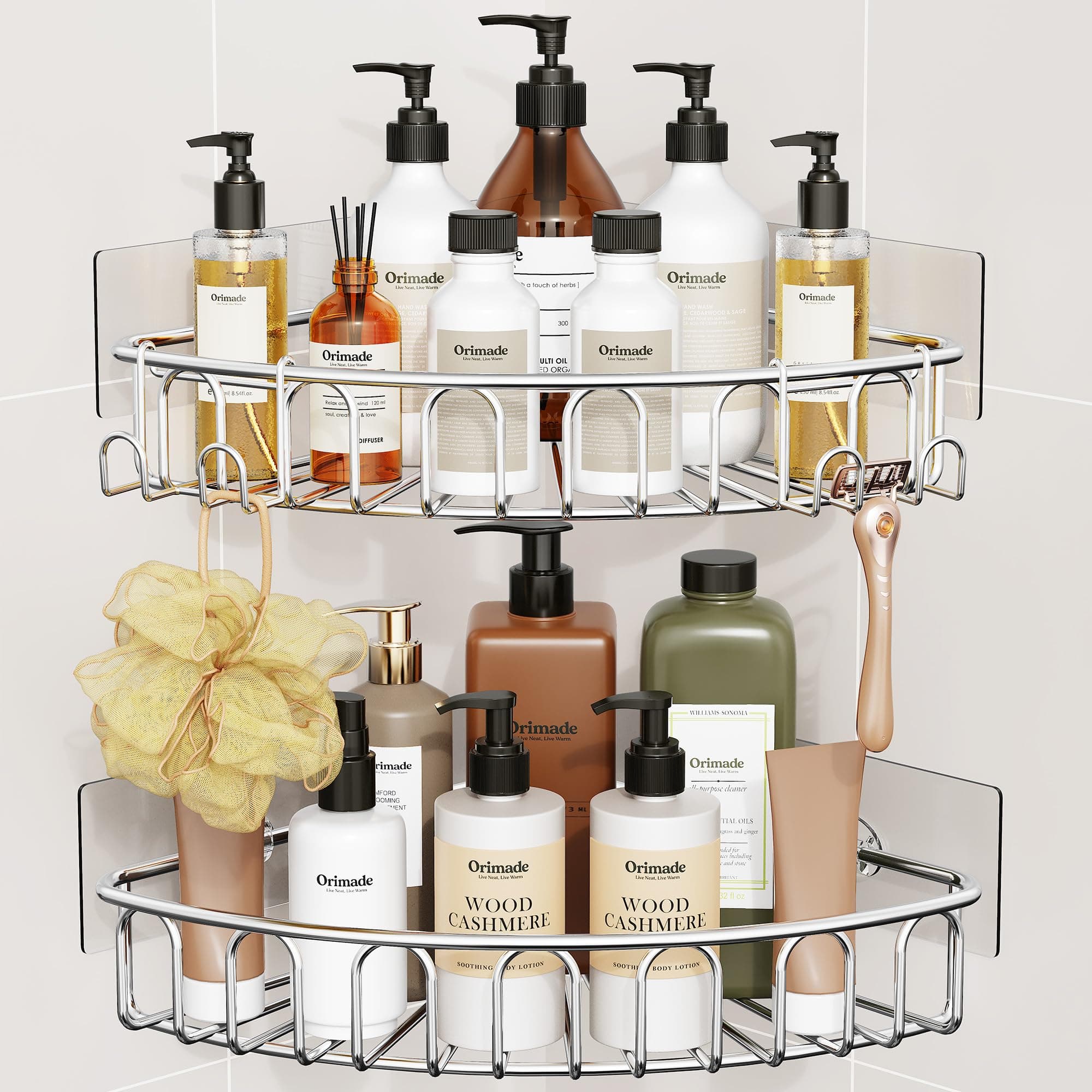 Orimade Adhesive Corner Shower Caddy Shelf with 2 Movable Hooks Wall Mounted Bathroom Storage Kitchen Organizer Rack No Drilling SUS304 Stainless Steel - 2 Pack